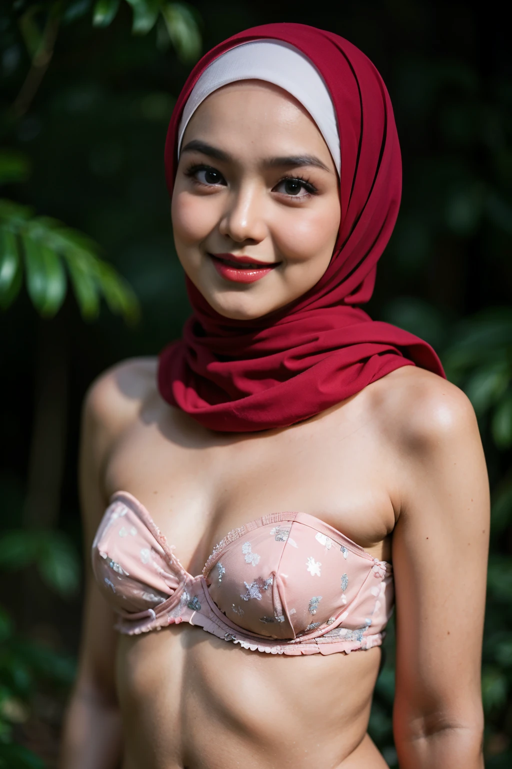 (Happy smile), (((HIJAB MALAY GIRL))), masutepiece, High quality, UHD 32K, Realistic face, Realistic skin feeling , A Japanese Lady, 8 , , Very cute and baby-like face, (((FLAT CHEST))), (Night time at forest), ((look In front at the camera and SADNESS)), ((())), (((CUTE GIRL))), ((RED LIPS)), ((Floral Pattern)) little wearing strapless bra, strapless colorful bra, dark night background , black forest night, horror scary place (from behind up) seductive pose