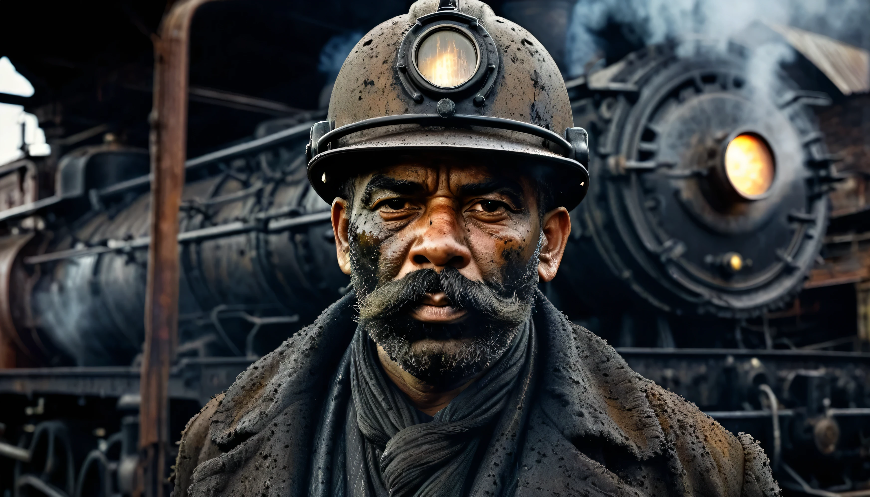 Cinematic Portrait render of gritty Steam Locomotive, dark tones with dramatic light and shadow, front view of Steam Locomotive worker in filthy oil-stained clothing, face creased with strain and grime from back-breaking labor, photorealism, 1910s industrial setting ,((( The Steam Locomotive in Background)))
