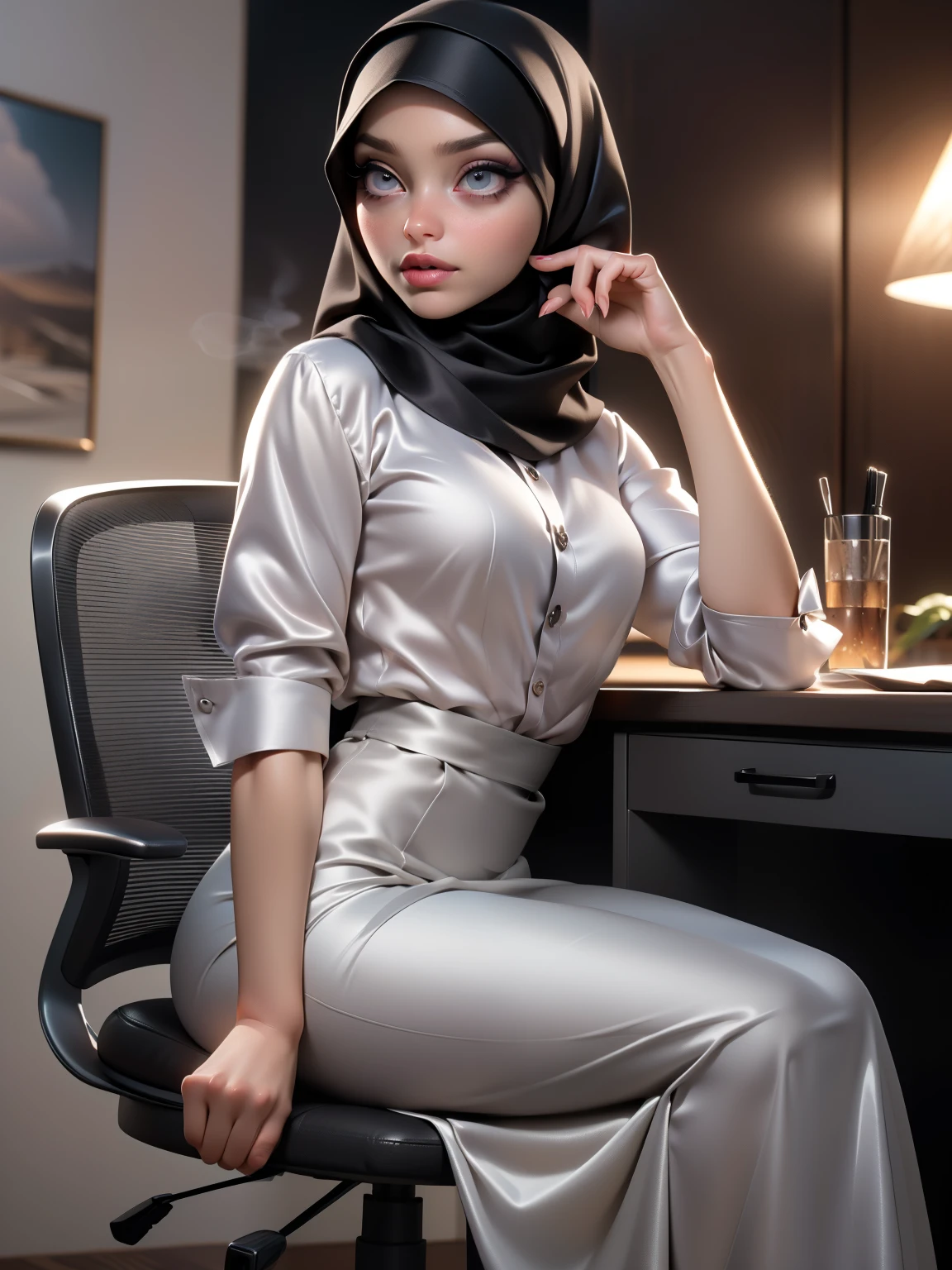 ((Masterpiece, best quality, photography, detailed skin, realistic, photo-realistic, 8k, highly detailed, full length frame, High detail RAW color art, diffused soft lighting, shallow depth of field, sharp focus, hyperrealism, cinematic lighting, hijab, a woman in a beautifully makeup, smokey eyeshadow, beautiful big eyes, long eye lashes, wearing (Dark pewter satin hijab), loosely tide hijab style, ((pewter satin shirt)), pewter satin long maxi skirt, sitting on office chair, elegant pose