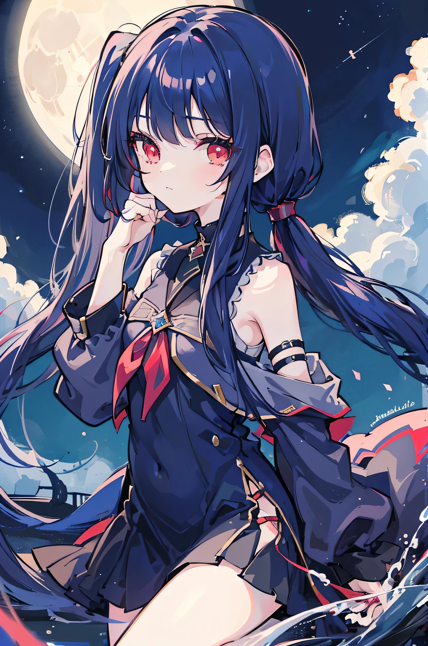 1girl, masterpiece, young girl, high quality, ((dark blue hair)), ((straight hair)), (twintail), ((long hair)), (red eyes), ((deatil face)), in the night, night sky, with the moon, full moon, with the stars, dark, small smiling