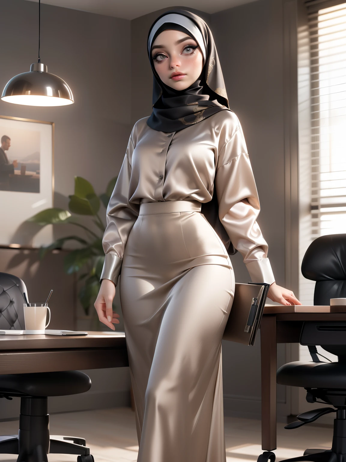 ((Masterpiece, best quality, photography, detailed skin, realistic, photo-realistic, 8k, highly detailed, full length frame, High detail RAW color art, diffused soft lighting, shallow depth of field, sharp focus, hyperrealism, cinematic lighting, hijab, a woman in a beautifully makeup, smokey eyeshadow, beautiful big eyes, long eye lashes, wearing (Dark pewter satin hijab), loosely tide hijab style, ((Taupe satin shirt)), Taupe satin long maxi skirt, walking in office chair, elegant pose, holding files