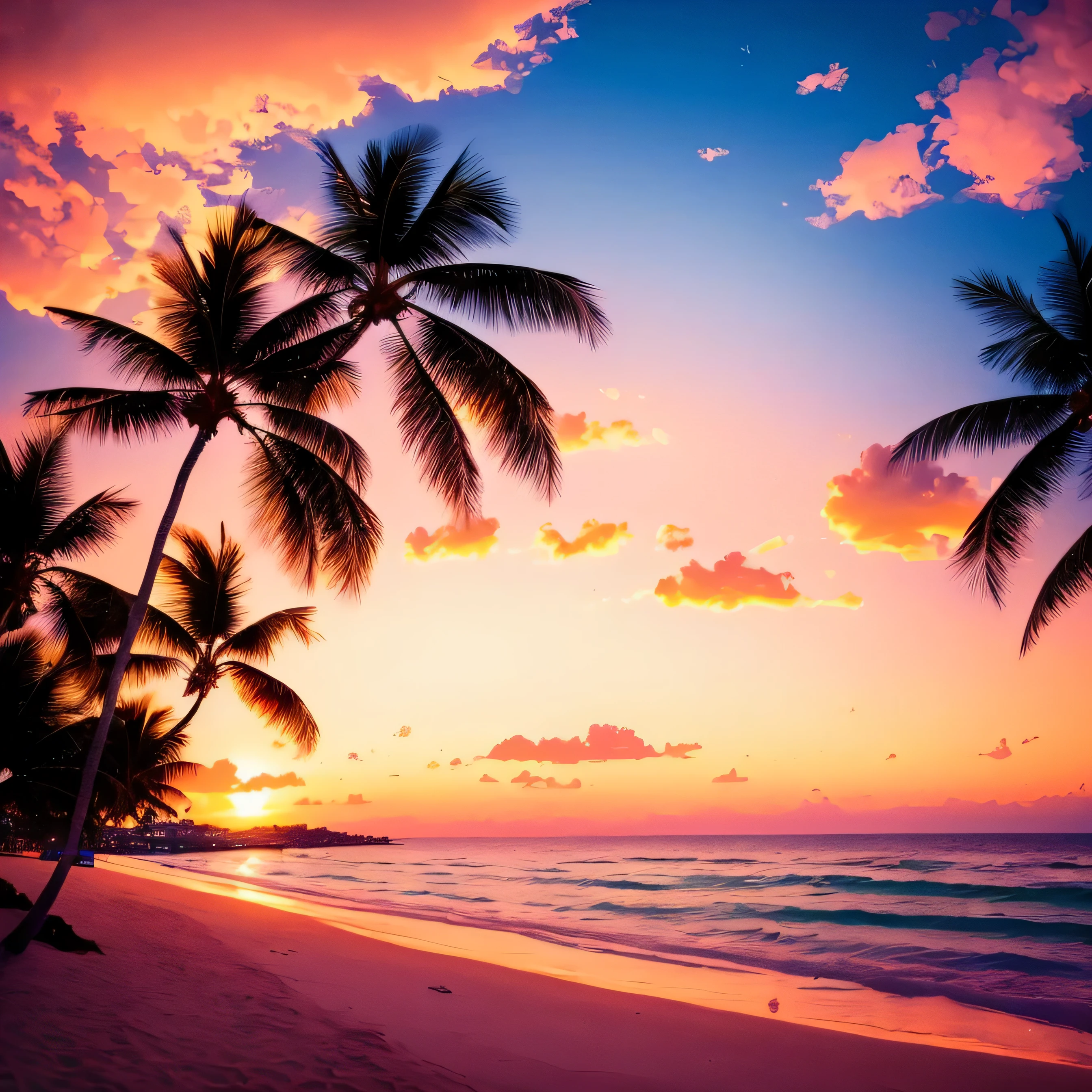 (highest quality,4K,High resolution,masterpiece:1.2),High resolution,Vice City summer vibes,Beach,level,palm,Lots of details,ultra-realistic sky and sea with small waves on the sandy Beach,Beautiful orange and pink hues,Soft golden lighting