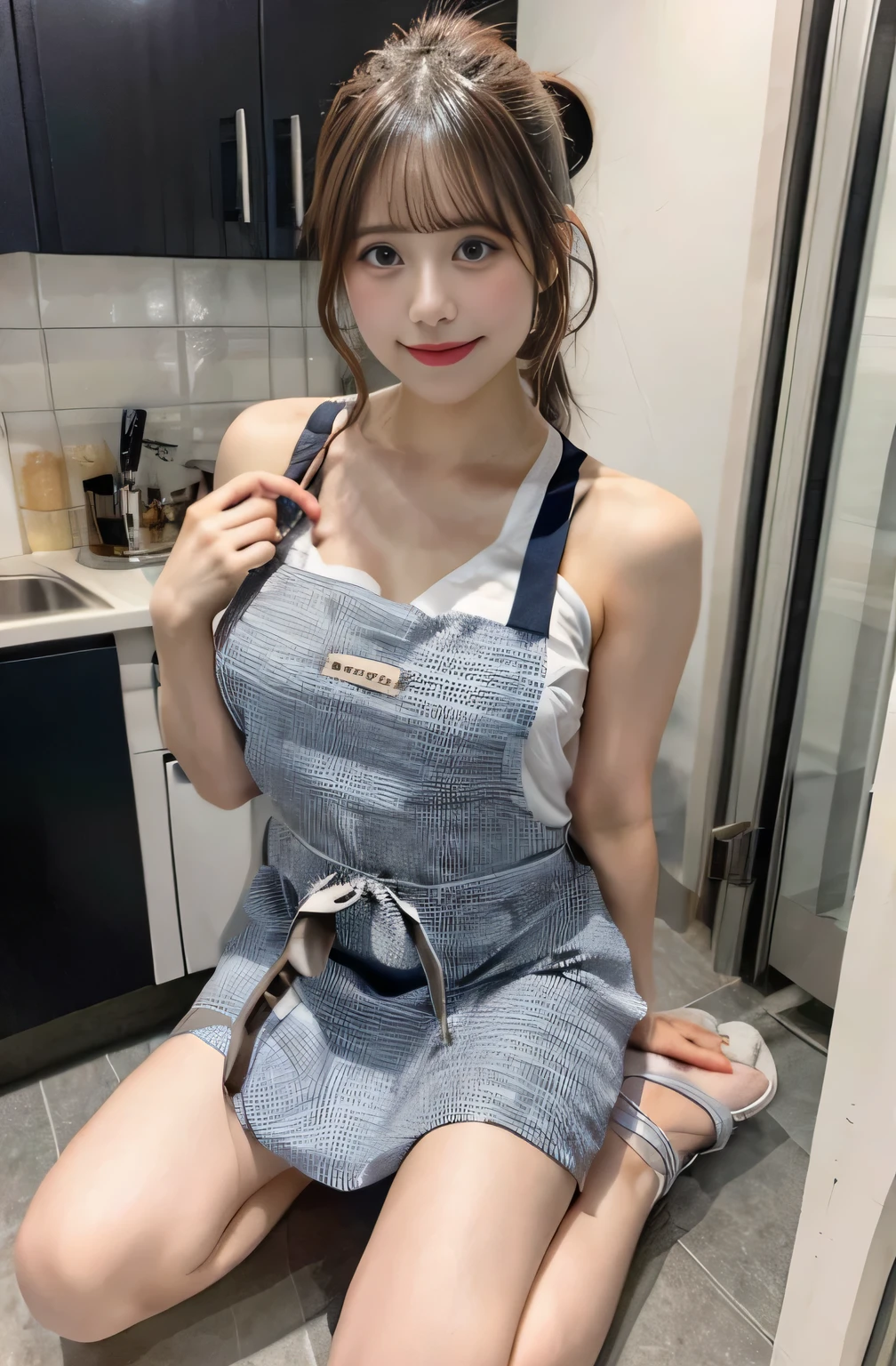 highest quality、Naked but wearing an apron、No bra、Nipples are visible、Wearing slippers、slender、brown hair、ponytail