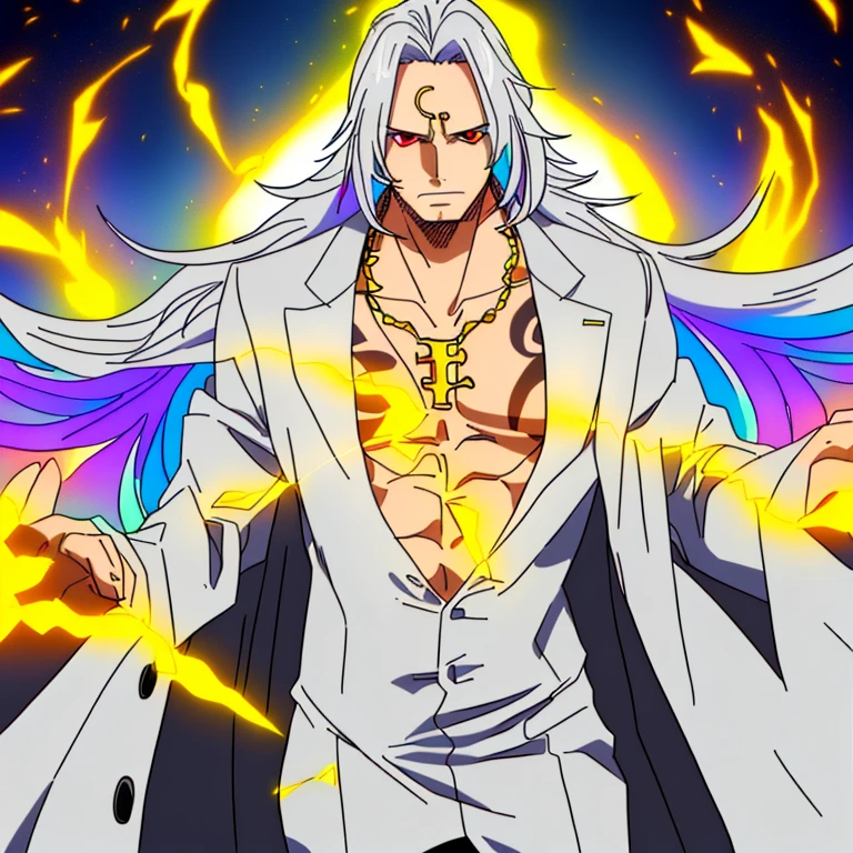Highest quality, finely crafted lighting, young adult male, long back hair, multicolored gray hair, hair in stirs, highlighted red eyes, night environment, lightning, sky with rays, divine style clothes, gold necklaces, white overcoat, gold rings, left eye tattoo