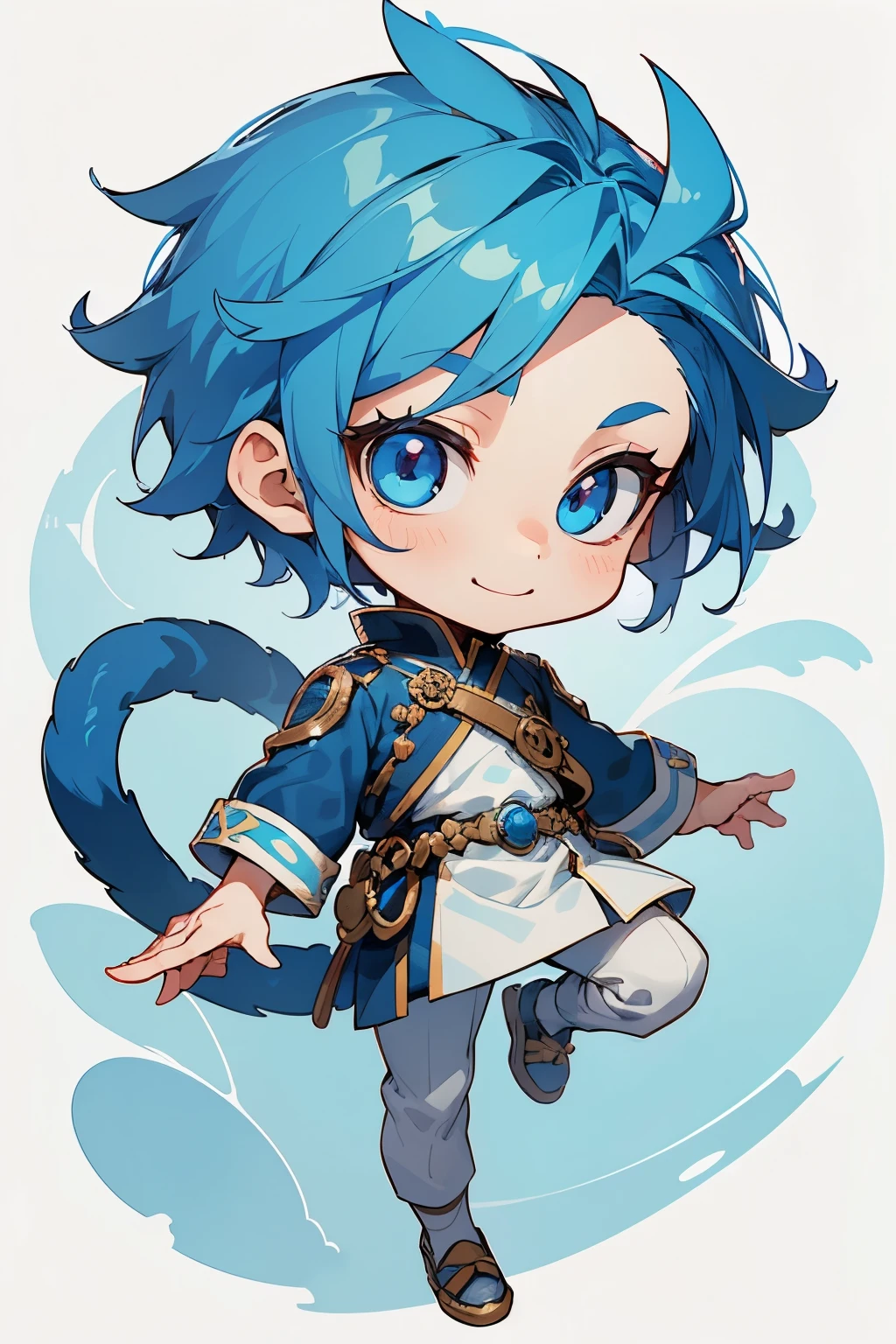 boy, full body, cartoon style, chibi style, cute, monkey tail, beautiful face, smile face, blue color eye, beautiful eye, high detailed pupil, double eyeylid, high detailed skin, high quality skin, blue color hair, very short hair, white clothes, masterpiece,