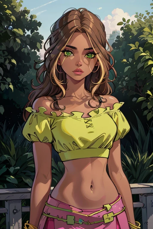 1girl, solo, outdoors, college building, long hair, midriff, crop top, navel, bare shoulders, underboob, (upper body), outdoors, college building, (Flora), (dark skin brown hair blonde hair strips green eyes), (Casual Outfit) (green off-shoulder shirt, pink skirt) (masterpiece:1.2), (upper body-shot:1),(Cowboy-shot:1.2), neon lighting, dark romantic lighting, (highly detailed:1.2),(detailed face:1.2), (gradients), colorful, detailed eyes, (natural lighting:1.2), (neutral standing pose:1.2), (solo, one person, 1girl:1.5),