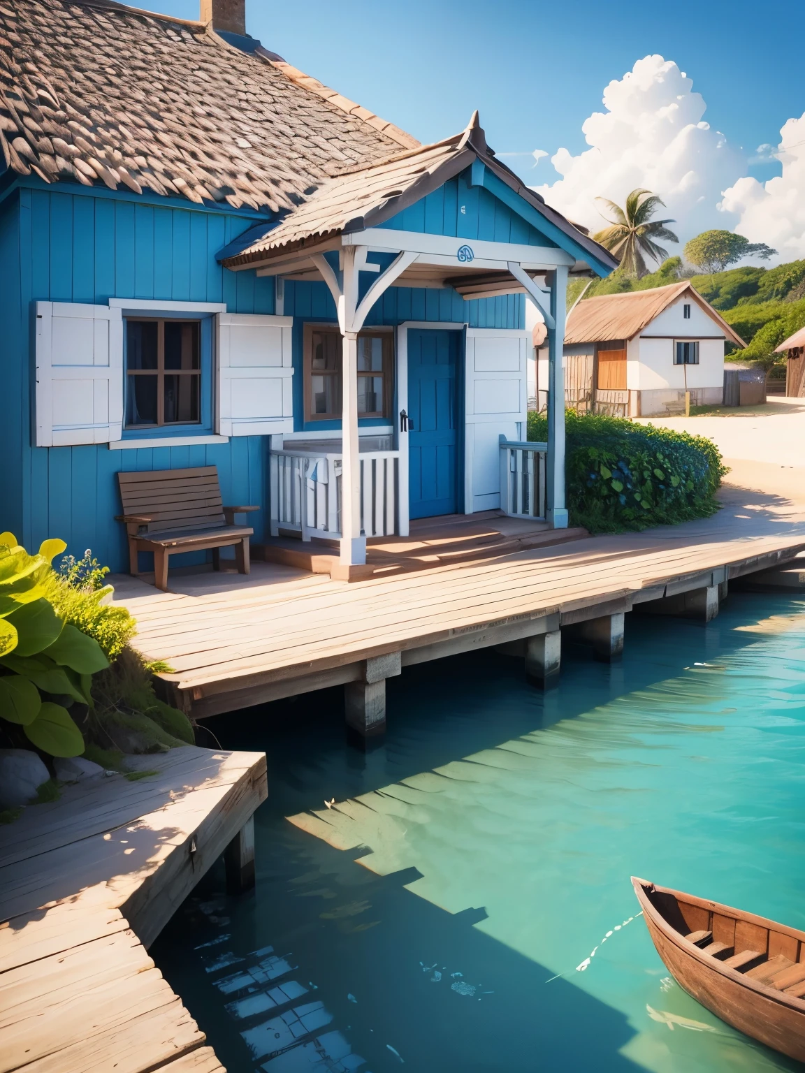 Seaside cottage, Blue sky, Brasil, small boats, the detail, 8k HD, best quality,ultra - detailed, Illustration,Best shadow,masterpiece,A high resolution,professional artwork,famous artwork