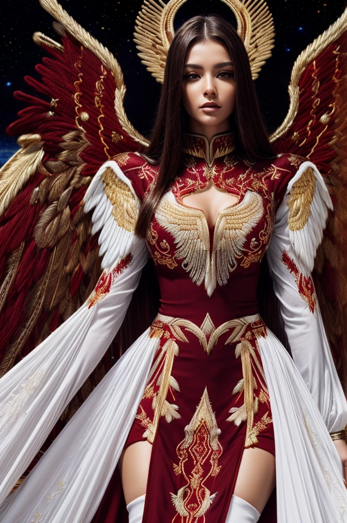 Best quality, 8K,woman, beautiful and detailed face, straight long hair,big eyelashes,(((dark red and gold embroided space armour))),((big open angel´s WHITE wings)),armlets,black belt,high heels over the knee boots,white neutral scenario,DYNAMIC ANGLE, ((dynamic pose))