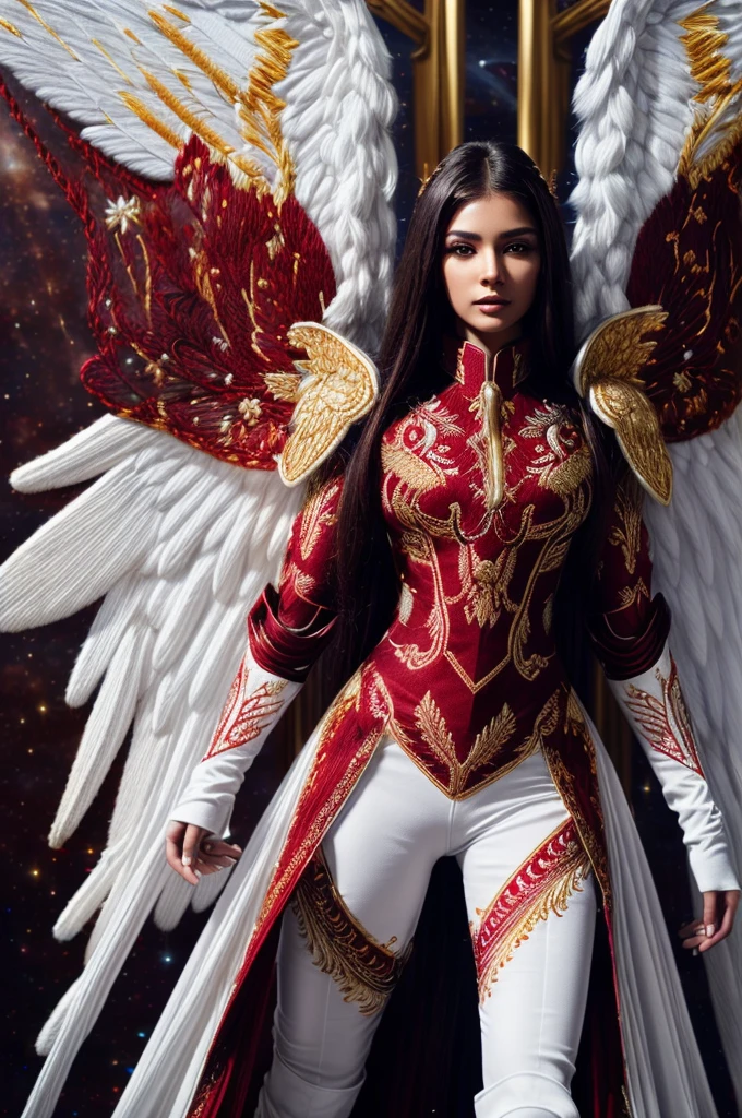 Best quality, 8K,woman, beautiful and detailed face, straight long hair,big eyelashes,(((dark red and gold embroided space armour))),((big open angel´s WHITE wings)),armlets,black belt,high heels over the knee boots,white neutral scenario,DYNAMIC ANGLE, ((dynamic pose))