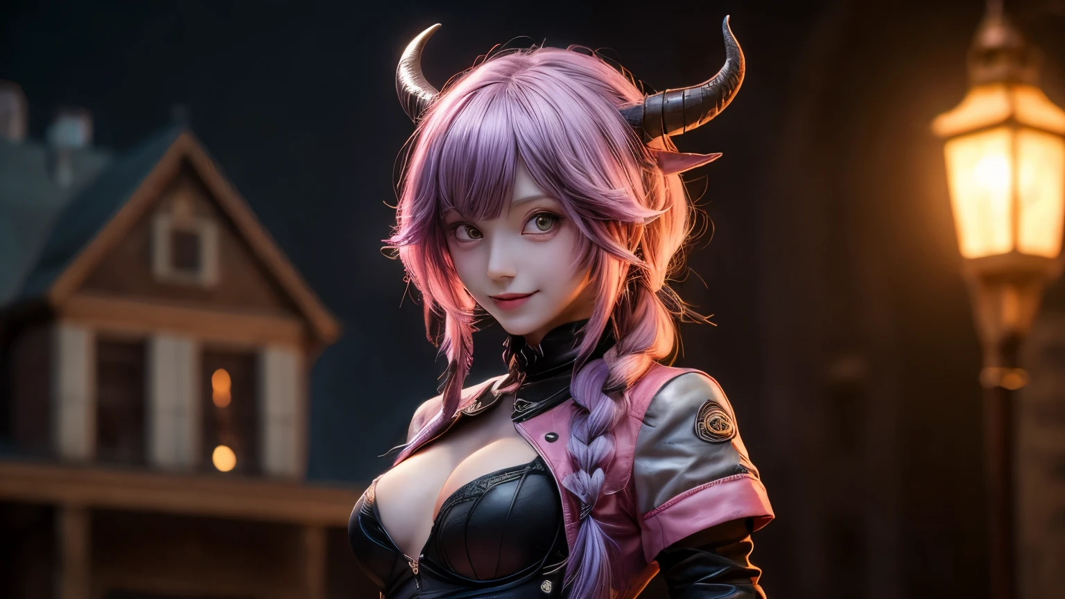 best quality, highres,anime,devil,(gray skin,goth_punk),pink hair,polish,vanpire,(grin:0.5),gaping maw,
holding scale, scale,fire,solo, gloves, horns, elbow gloves, navel cutout, breasts, navel, smile, thighhighs, twin braids,
clothing cutout, braid, grin, sketch, skirt, purple gloves, purple hair, pink hair, medium breasts, brown eyes, long hair, bangs,
standing, from back,
(looking away:1.3),
in the aristocratic mansion in the 1600s, inside a mansion, in the style of dark and ominous, a dimly lit atmosphere,
purple thighhighs