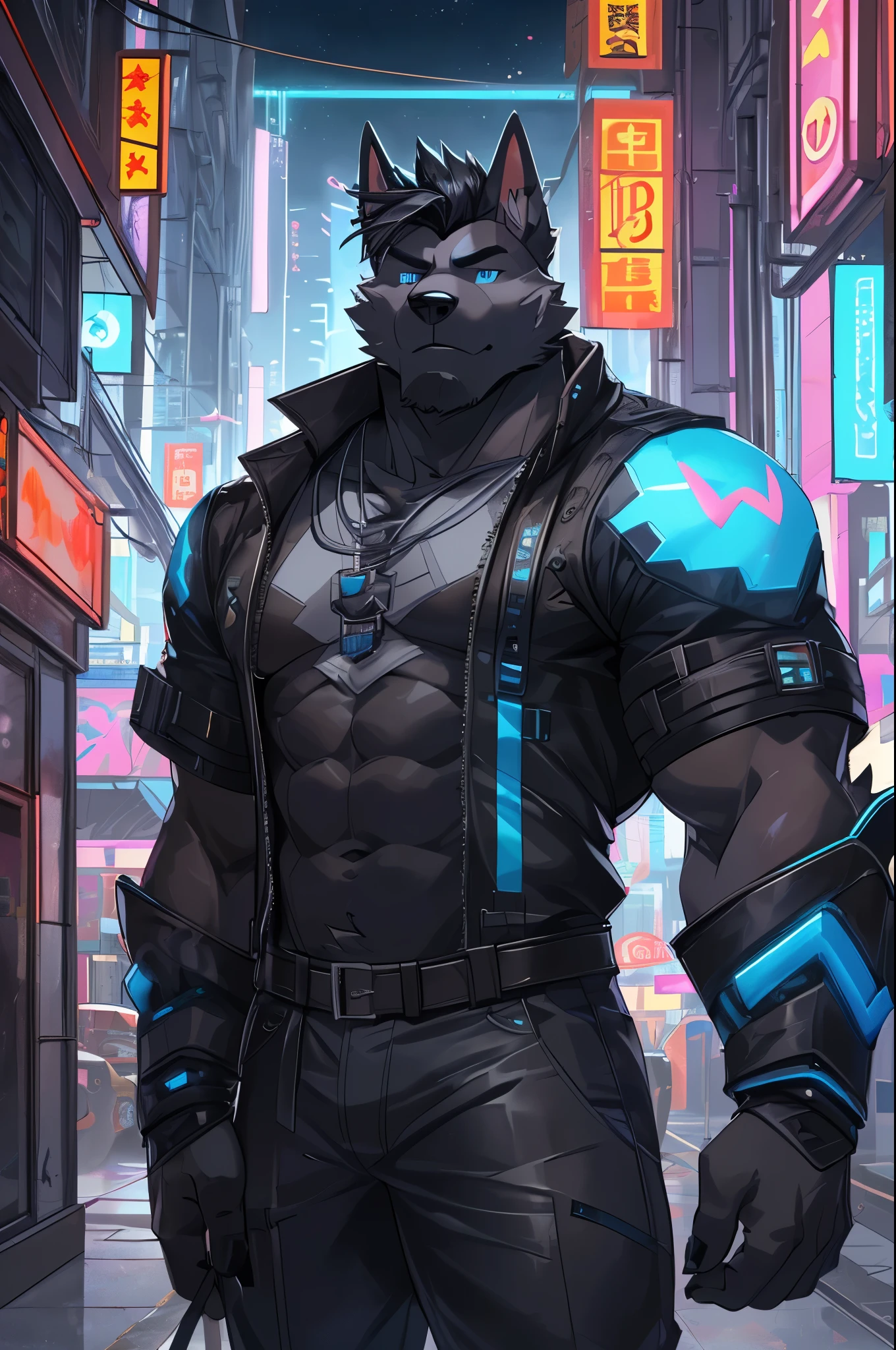 perfect face, bara furry, dog man, big body, black skin, short quiff black hair, blue eyes, perfect eyes, big dog ears, handsome, cyberpunk, in city street