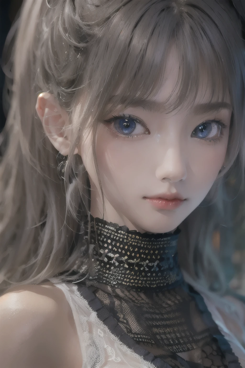 masterpiece, best quality, ultra-detailed, facing the camera head on, intricately detailed hyperdetailed, realistic, sharp features, highly detailed, sharp focus, perfect face, perfect face, perfect symmetrically perfect eyes, perfect full lips, flexible female form, cinematic, film light, hyper detailed, hyper realistic, masterpiece, atmospheric, high resolution, vibrant, dynamic studio lighting, nsfw, ((Dark background)), Sexy face, Facial expressions when receiving pleasure, open mouse, straight Bangs, Big breasts, Exposed cleavage, blue Eyes,black sweater,