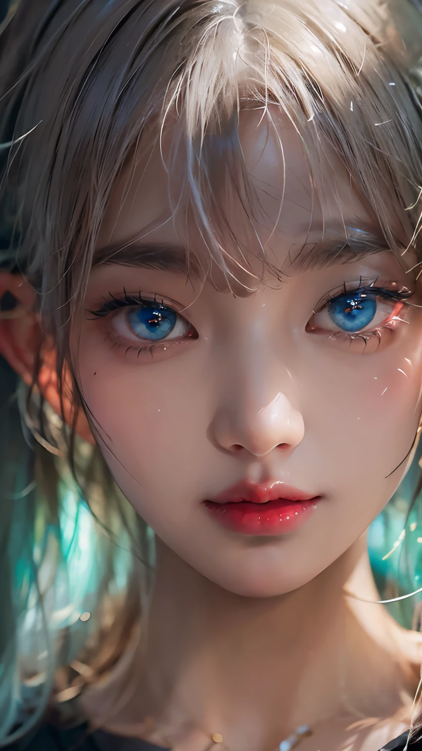 masterpiece, best quality, ultra-detailed, facing the camera head on, intricately detailed hyperdetailed, realistic, sharp features, highly detailed, sharp focus, perfect face, perfect face, perfect symmetrically perfect eyes, perfect full lips, flexible female form, cinematic, film light, hyper detailed, hyper realistic, masterpiece, atmospheric, high resolution, vibrant, dynamic studio lighting, nsfw, ((Dark background)), Sexy face, Facial expressions when receiving pleasure, open mouse, straight Bangs, Big breasts, Exposed cleavage, blue Eyes,black sweater,