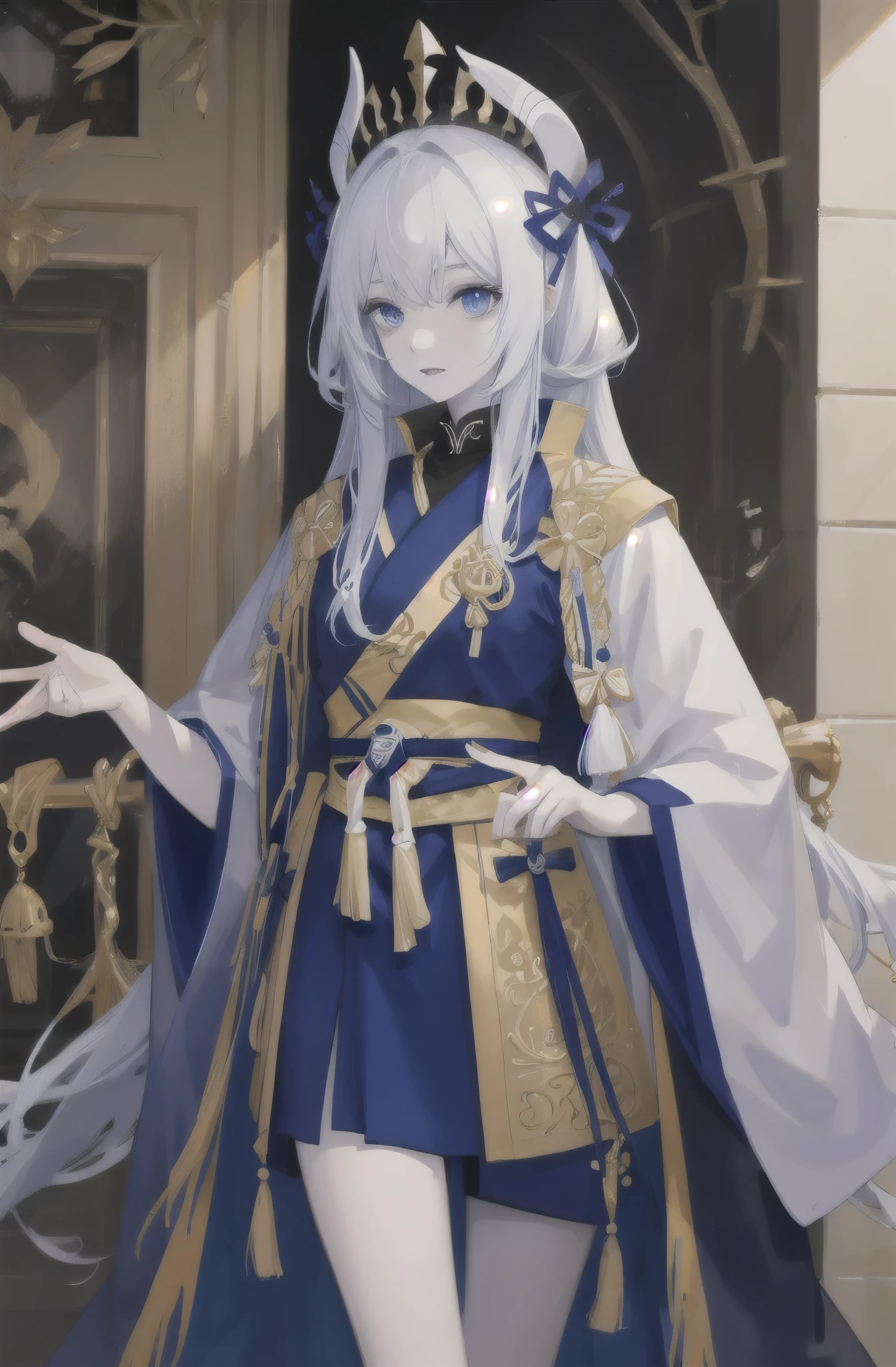 high quality, 4k, high priestess, little sexy, pale skin, dark yellow hair, blue eyes