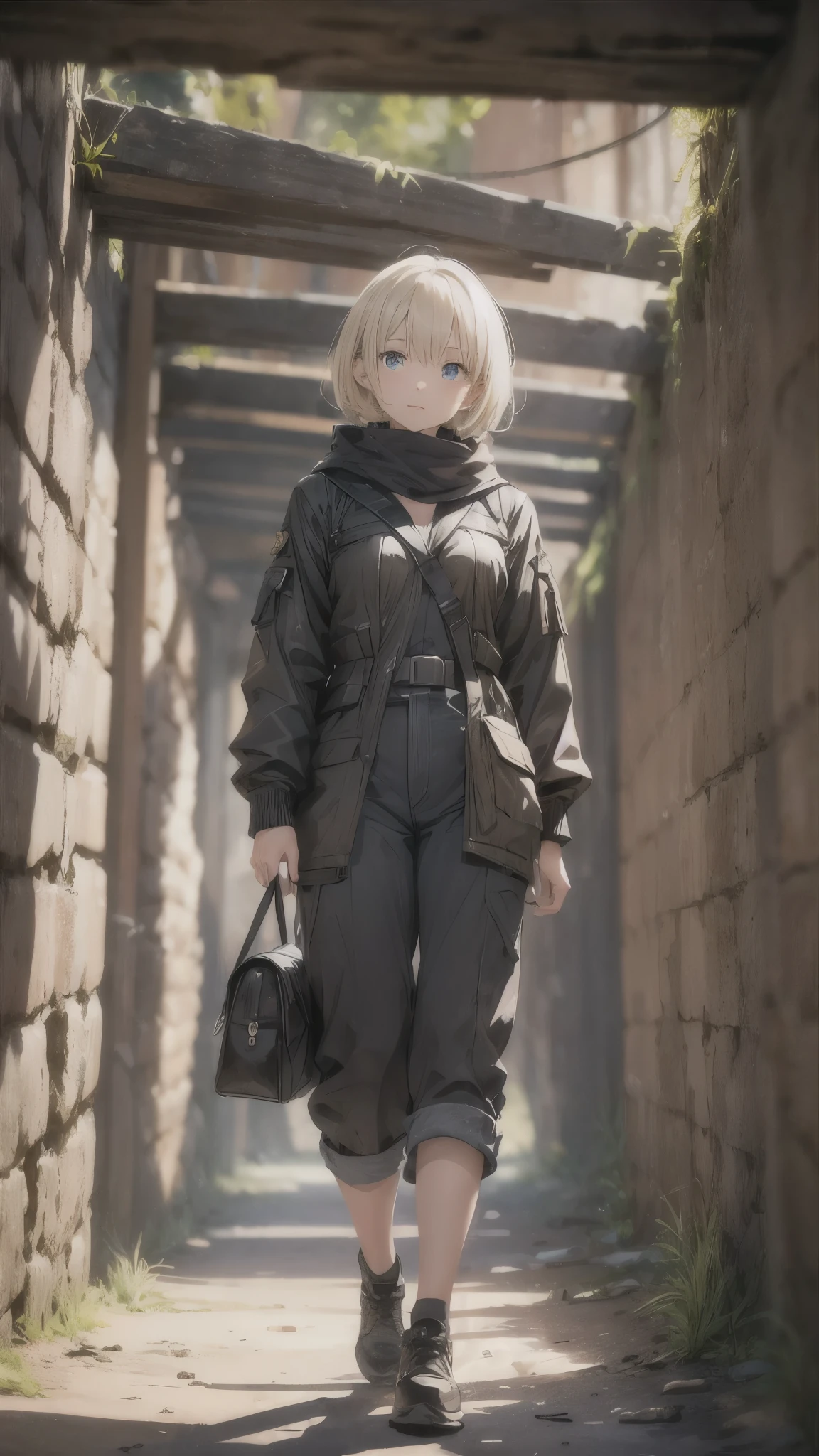 Inside the long and dark cave,((there are many pipes of the wall and ceiling)),(one 20 years old woman,short blonde hair),(woman close up),standing on the cave