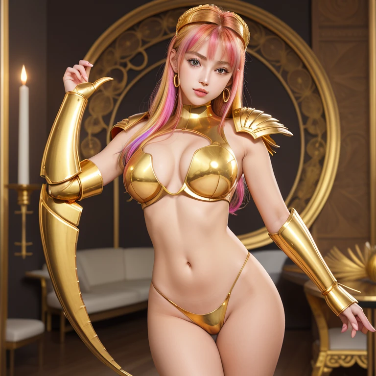une femme, 25 ans, manga, cheveux longs, cheveux multicolores, sexy, high level of detail, saint seiya, armure, signes du zodiaque, Grèce antique, armure d'or des poissons, pisces gold cloth, Carved
