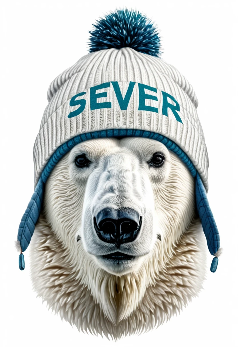 Muzzle of a polar bear in a winter hat, on which the inscription “SEVER” , the image must have no background ,or with a white background,very realistic,with maximum detail