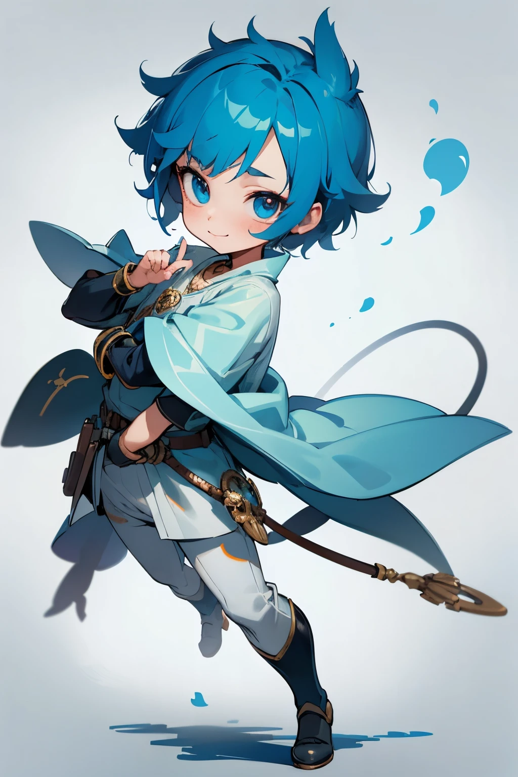 boy, full body, cartoon style, chibi style, cute, monkey tail, beautiful face, smile face, blue color eye, beautiful eye, high detailed pupil, double eyeylid, high detailed skin, high quality skin, blue color hair, very short hair, white clothes, masterpiece,