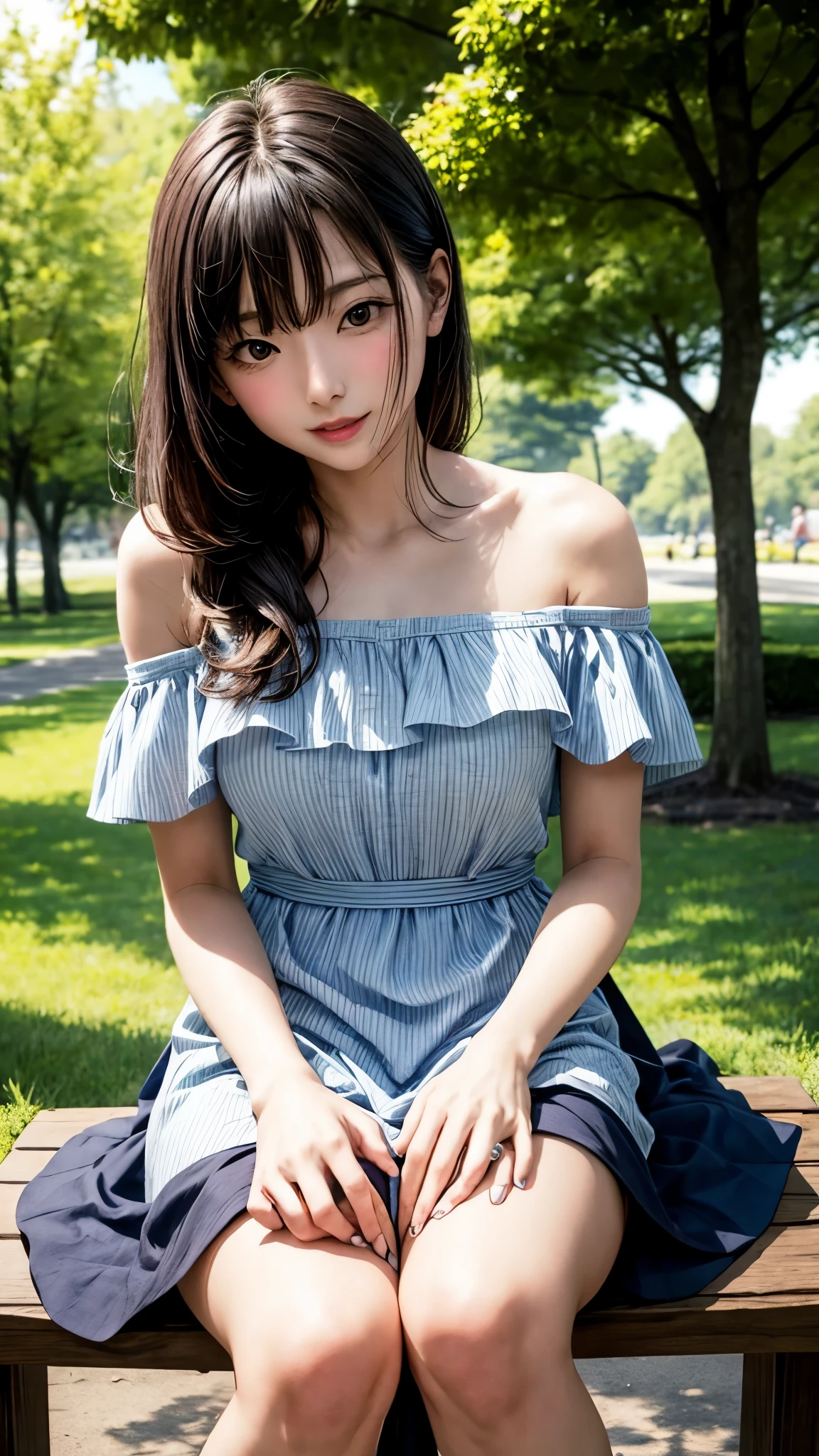 Produce the highest quality and highest resolution 8K images。Please draw the upper body of a 20 year old Japanese woman.。Please draw a picture of someone sitting on a park bench.。She has brown eyes and a model-like figure、She has an idol-level cute face.。The hair is wavy。Clothes、I&#39;m wearing a short-sleeved shirt。The skin is、It is a natural skin color。she、Looking at you with a smile。