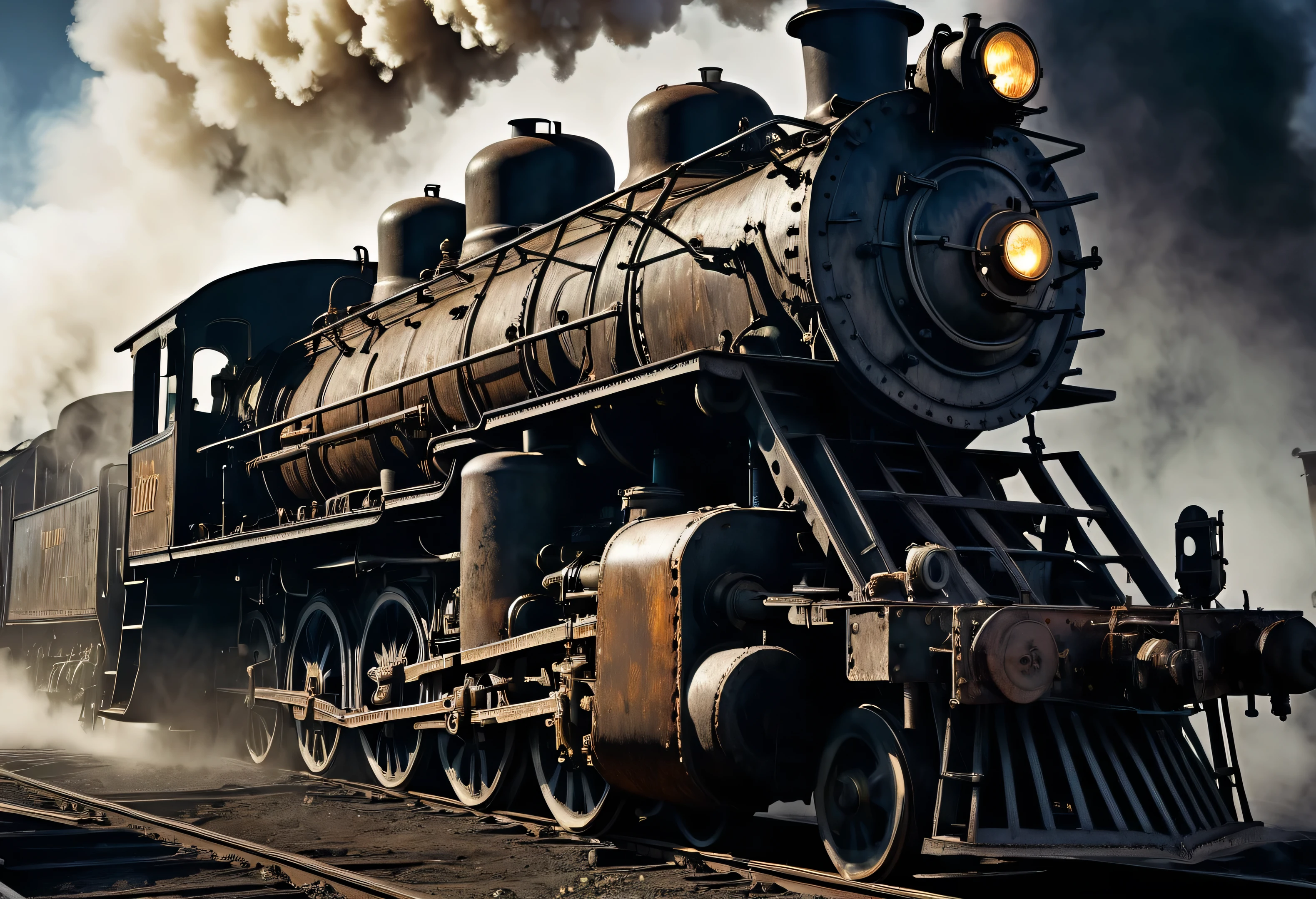 Cinematic Portrait render of gritty Steam Locomotive in Wild angle perspective, dark tones with dramatic light and shadow, front view of Steam Locomotive worker in filthy oil-stained clothing, face creased with strain and grime from back-breaking labor, photorealism, 1910s industrial setting ,((( The Steam Locomotive in Background)))