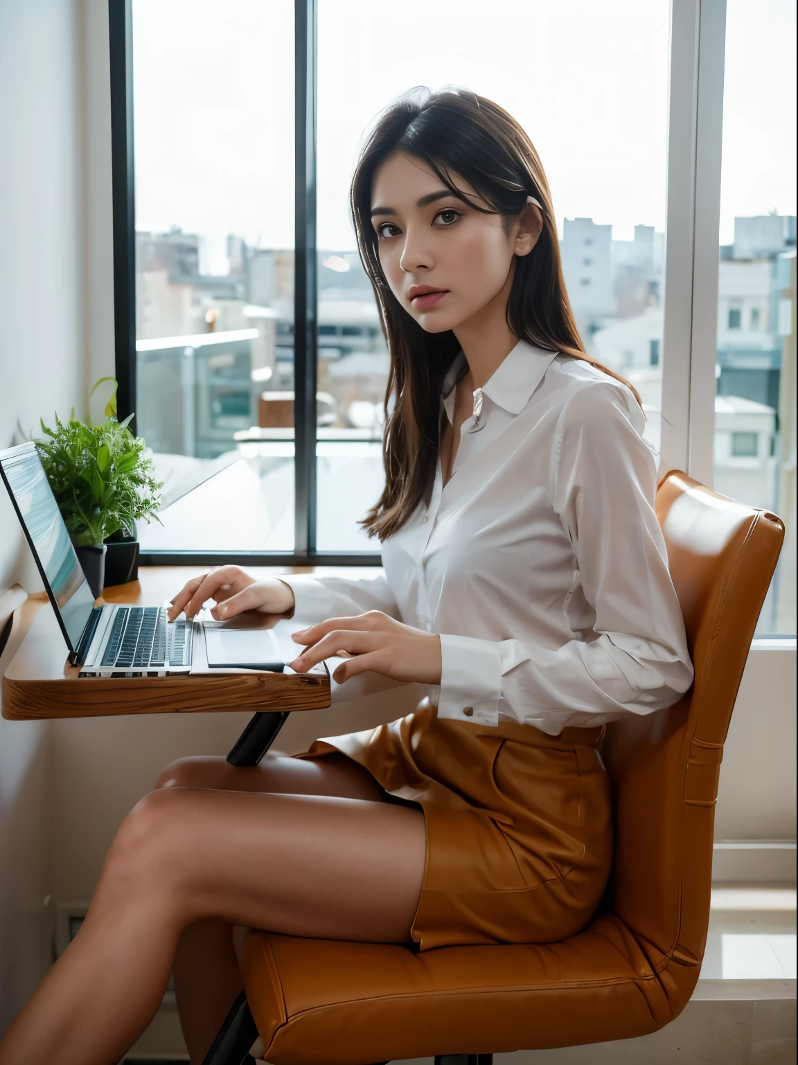 (8k, highest quality, ultra detailed:1.37), (Ecce), 18yo, (a stylish young Turkish woman), sit down in chair and focus with laptop, wearing safari , paired with fashionable accessories. The high-resolution image captures ultra-detailed realism, highlighting Ecce's captivating eyes, long eyelashes, and flawless complexion. The vibrant wrokspace , creating a visually striking representation of modern office style. angry face