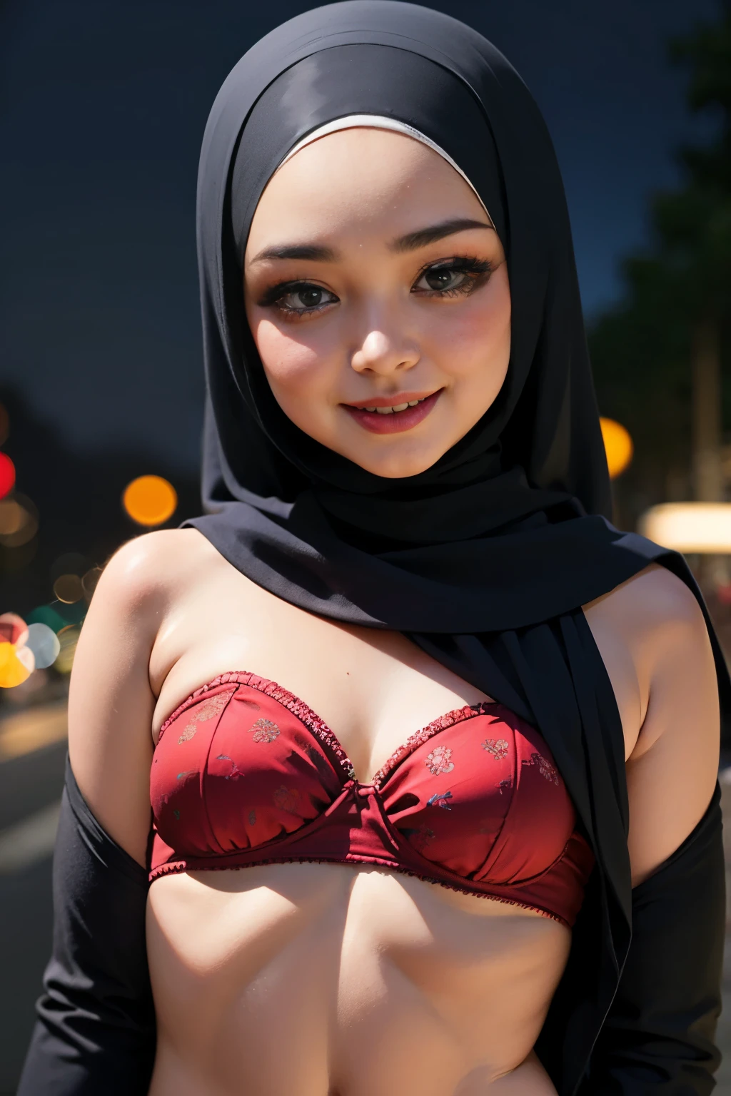 (Happy smile), (((HIJAB MALAY GIRL))), masutepiece, High quality, UHD 32K, Realistic face, Realistic skin feeling , A Japanese Lady, , , Very cute and baby-like face, (((FLAT CHEST))), (Night time at forest), ((look In front  at the camera and SADNESS)), ((())), (((CUTE GIRL))), ((RED LIPS)), ((Floral Pattern)) little wearing strapless bra, strapless colorful bra, dark night background , black forest night, horror scary place (from behind up) seductive pose