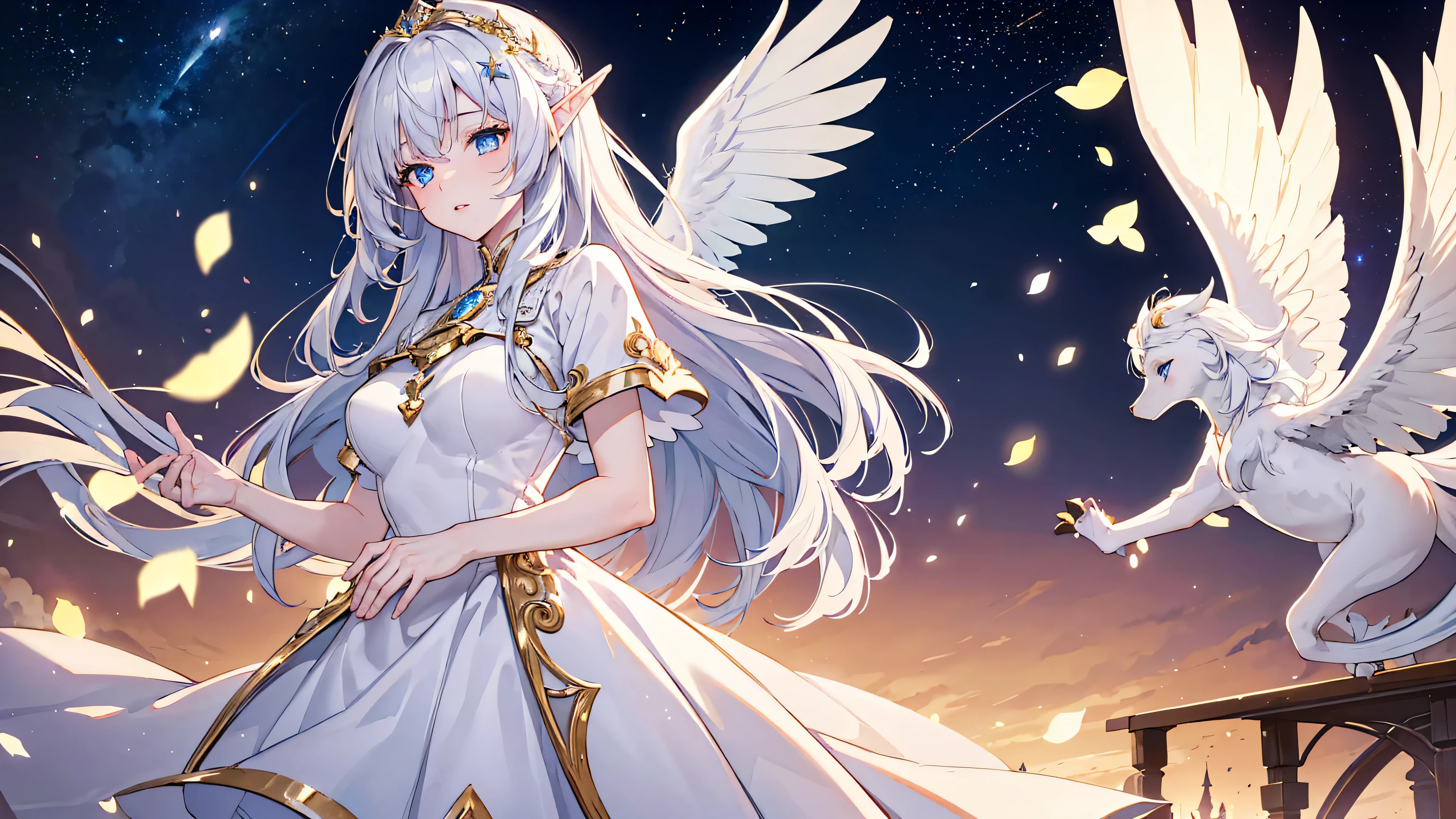 (best quality,4k,8k,highres,masterpiece:1.2),ultra-detailed,realistic,photorealistic:1.37,beautiful detailed eyes,beautiful detailed lips,extremely detailed eyes and face,longeyelashes,magical girl,magical effects,elegant,cute,girl with long white hair,blue eyes,magic,wings-shaped hair accessory,elf,starlit background (pay attention to details),(attention to hands),(rich scene details),anime style,white dress,soft lighting,sparkling stars,enchanted atmosphere