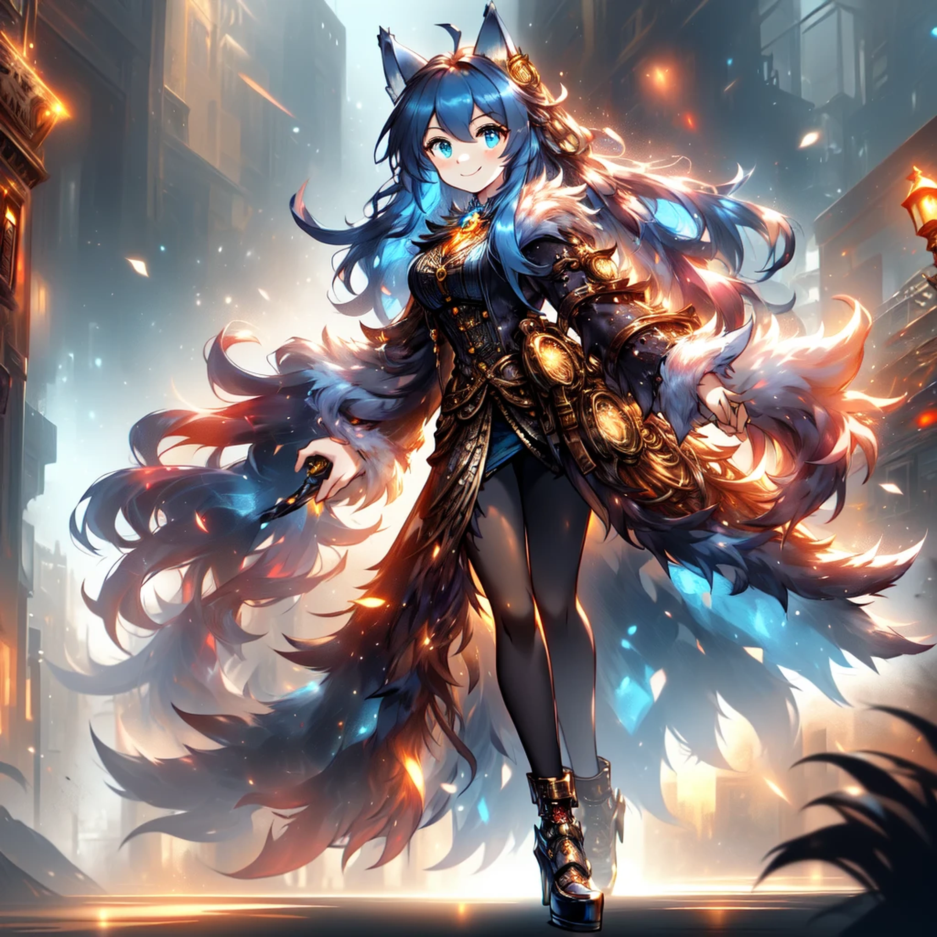 woman, hairy woman, wolf woman, full body portrait, full fur, magic fur, full tail, big tail, magic tail, magic hair, long hair, bushy hair, hair, hair with a brooch (gear shaped brooch ), almond-shaped eyes, blue eyes, shy smile, charming face, red cheek, long dress (dark blue color in steampunk style), worn tights, black tights, heeled shoe, steampunk shoe, background with steampunk city (a woman wolf this walk in the city), lots of people in the street