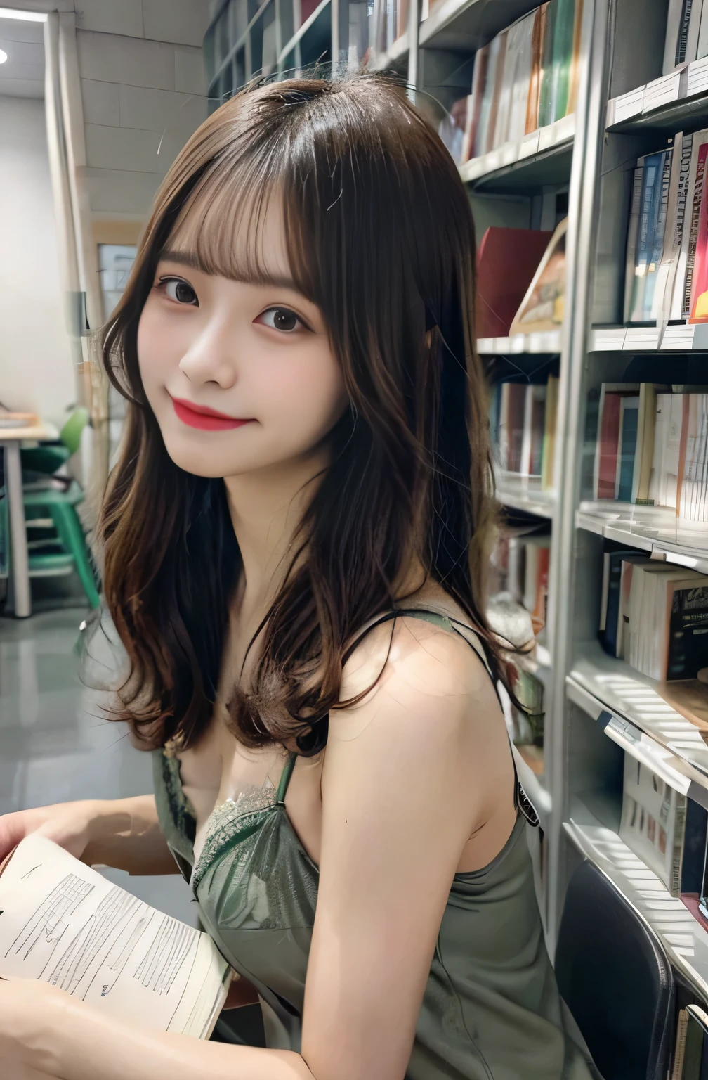 Wearing green lingerie、library、With legs spread、Reading a book、I'm drenched in sweat、Semi-long hair