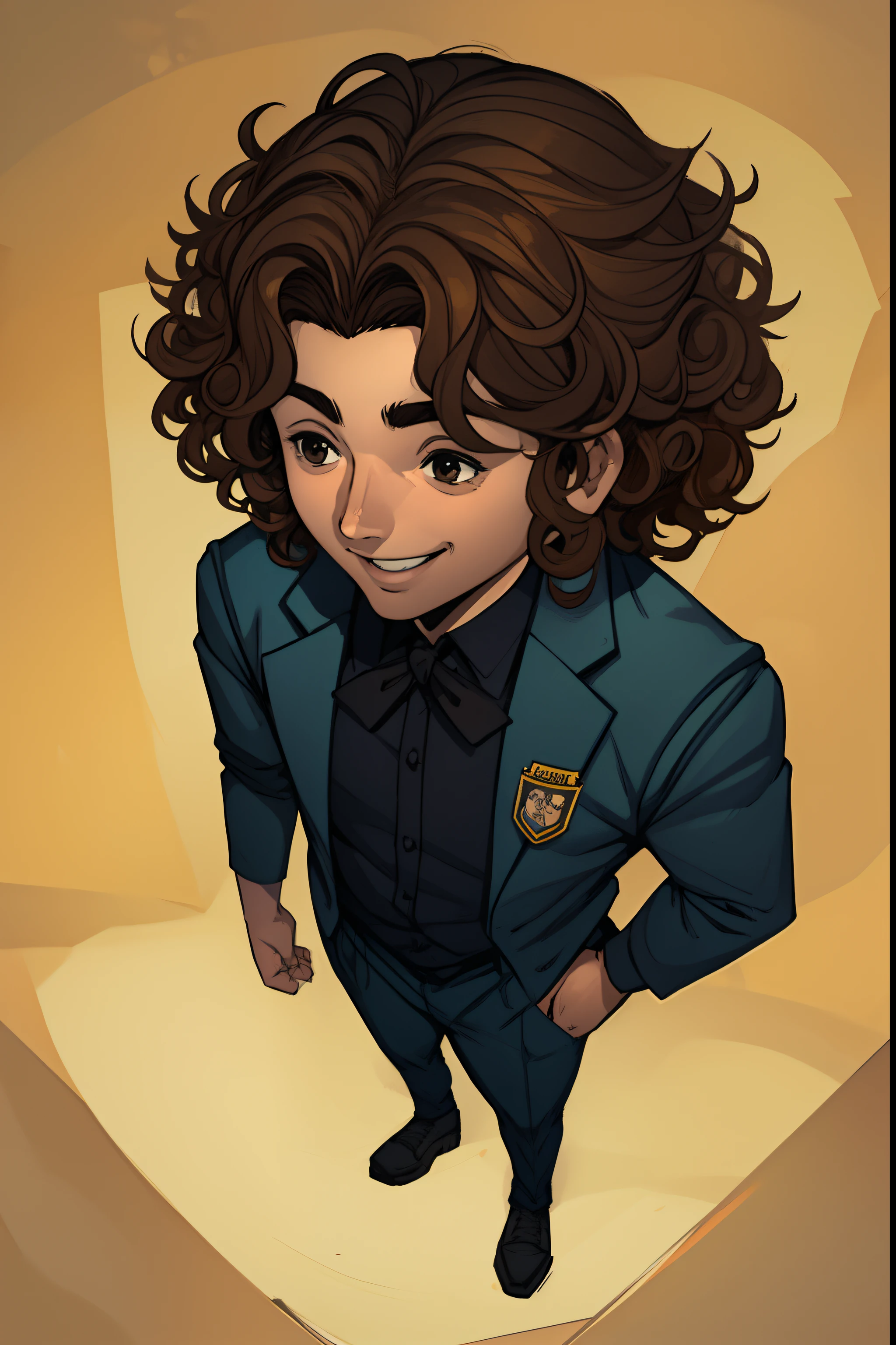 A 15-year-old boy with curly hair, brown eyes, a round face, a small cheerful smile, his thin face, wearing an elegant . Simple 2D style comic book design. Marvel and DC references.