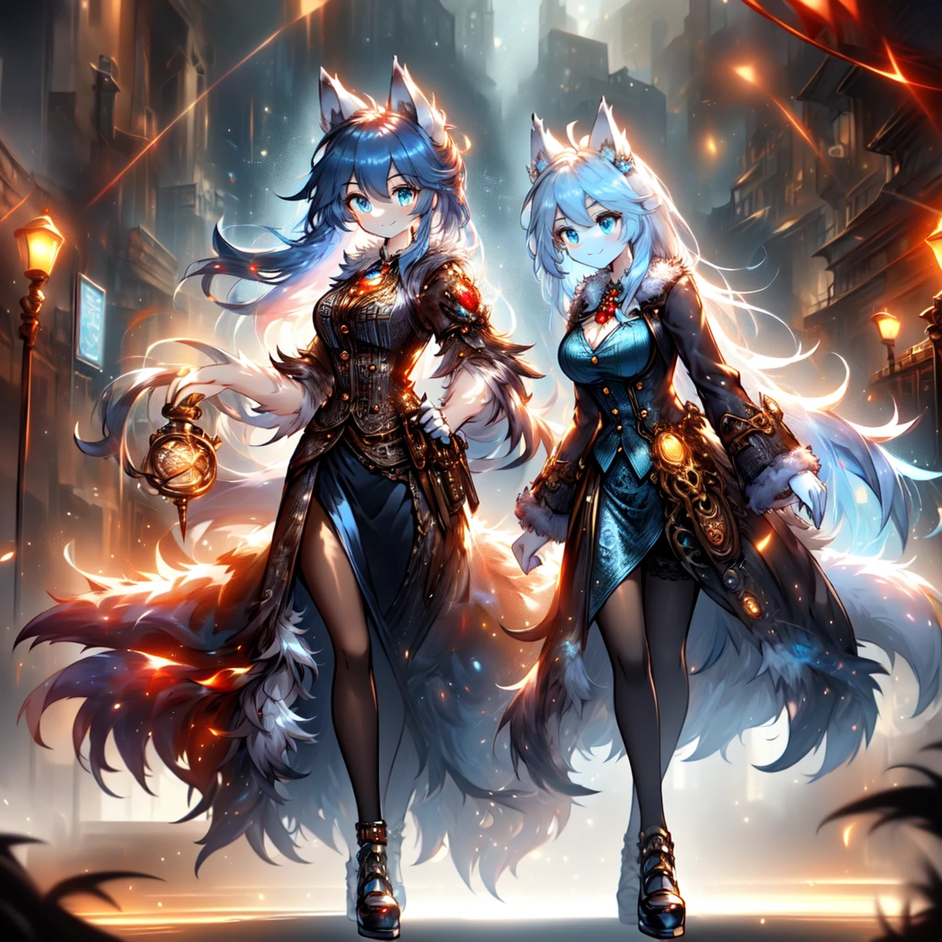 woman, hairy woman, wolf woman, full body portrait, full fur, magic fur, full tail, big tail, magic tail, magic hair, long hair, bushy hair, hair, hair with a brooch (gear shaped brooch ), almond-shaped eyes, blue eyes, shy smile, charming face, red cheek, long dress (dark blue color in steampunk style), worn tights, black tights, heeled shoe, steampunk shoe, background with steampunk city (a woman wolf this walk in the city), lots of people in the street