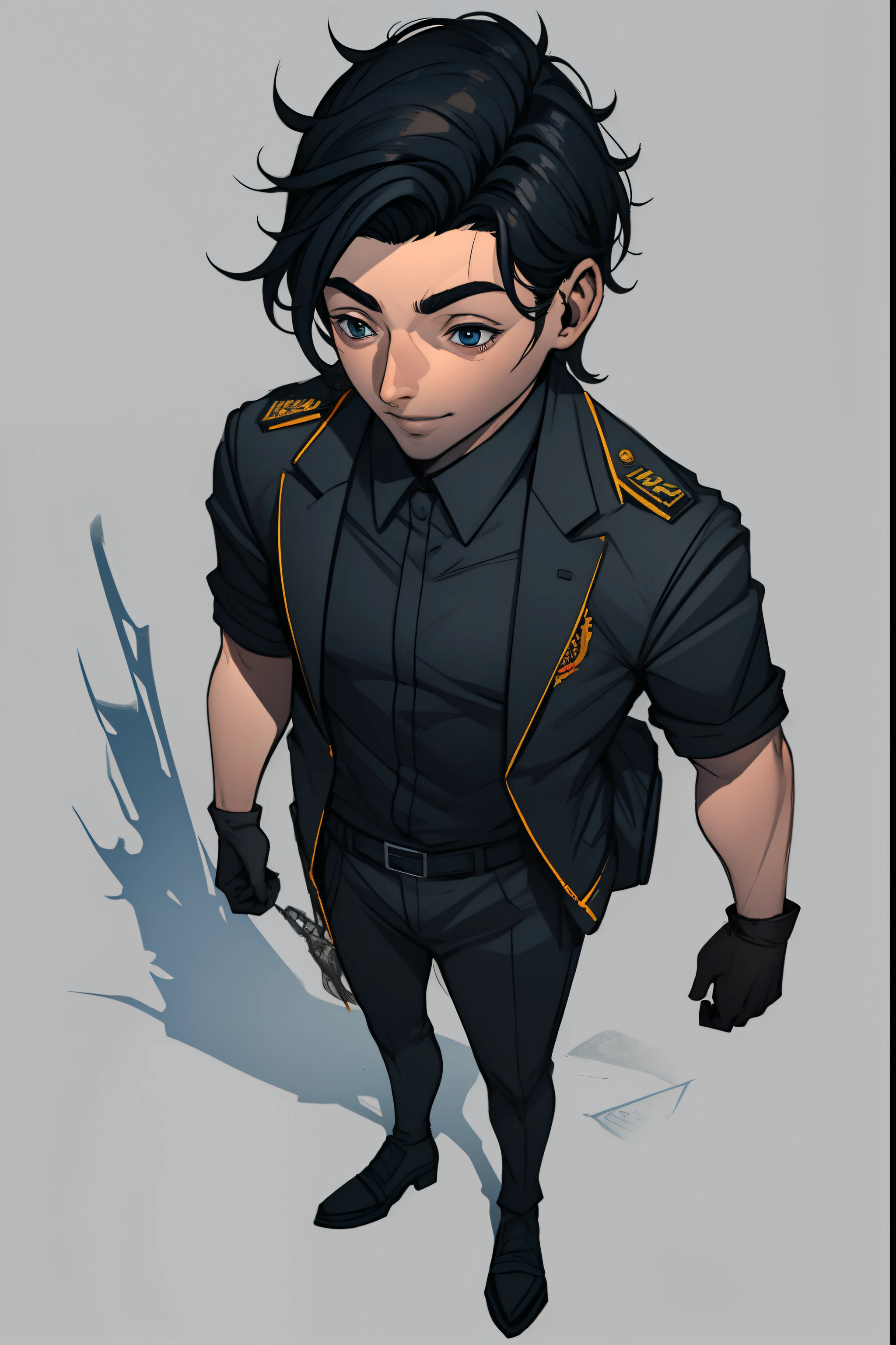 A single 16-year-old boy with shiny black hair, Grandes olhos azuis, um pequeno sorriso alegre e seu rosto fino, vestindo um elegante uniforme escolar uniforme escolar. design de quadrinhos simples estilo 2d. Marvel and DC reference.