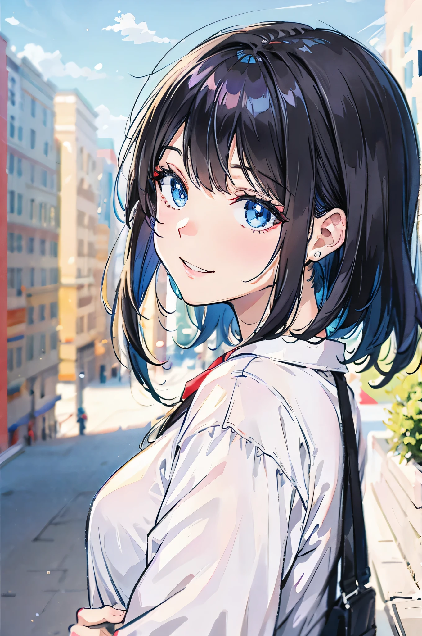 Winking with one eye、Wearing a white shirt、blue eyes、Bob Hairstyle、Black Hair、from the front、smile、The city is the background、