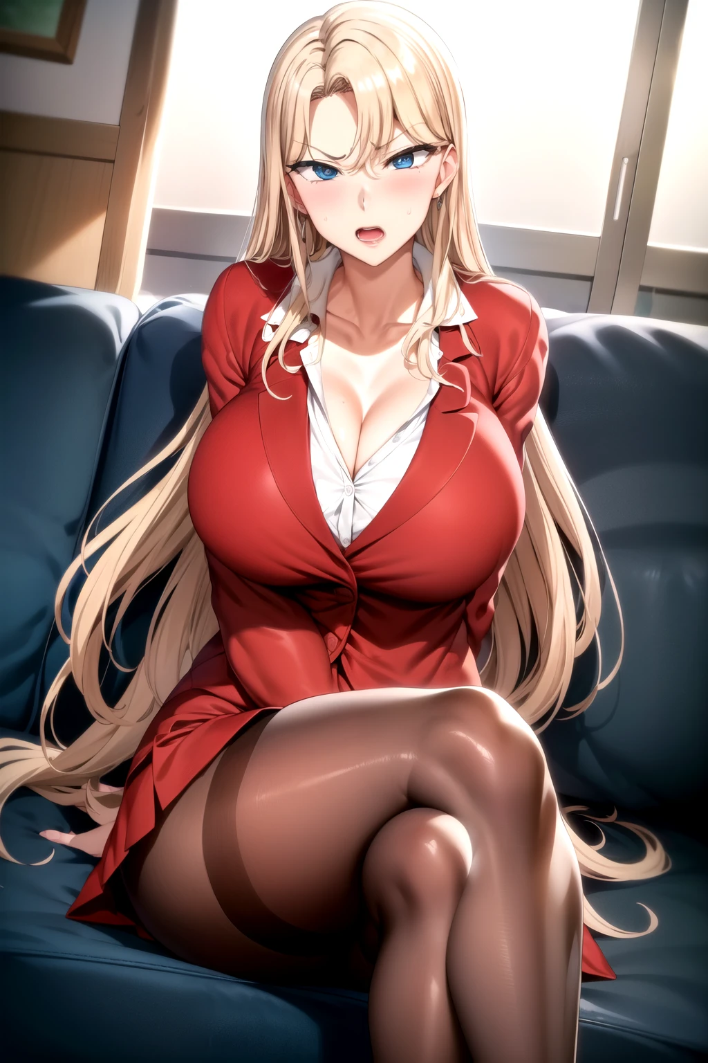 naked、masterpiece, 最high quality, high quality , ReikaKrshk-KJ, Collared shirt, Cleavage, Sitting, Jacket, Black Pantyhose, Arms crossed, Crossing your legs, sofa, Red skirt suit , (anger , Sick of it:1.2) , (blush:1.2) , Mature Woman , (Thighs:1.2) , thick Thighs