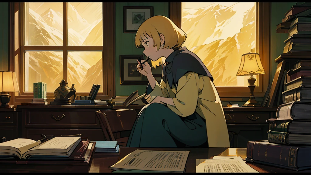 A girl, engrossed in deep thought, sits comfortably in a corner, surrounded by a mountain of books or documents. The soothing, yellow radiance of a desk lamp bathes the scene in a calming atmosphere, creating a stark contrast to the tranquil silence of the night encircling the room's window. In profile, her refined pose accentuates her charm and poise, as she balances her chin on her hand, the other hand cradling a pencil, her pensive expression revealing the intensity of her focus. A mischievous kitten companions her side, peering at her with inquisitive, round eyes and occasional purrs, offering her gentle companionship throughout