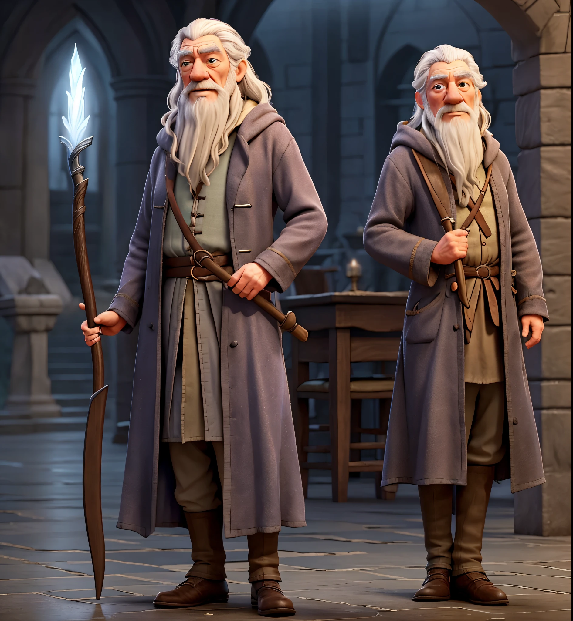 Ian McKellen, Gandalf Grey, In the long, shabby raincoat, wearing a tall, pointed wizard&#39;s hat, staff in hand, high quality, full length, masterpiece