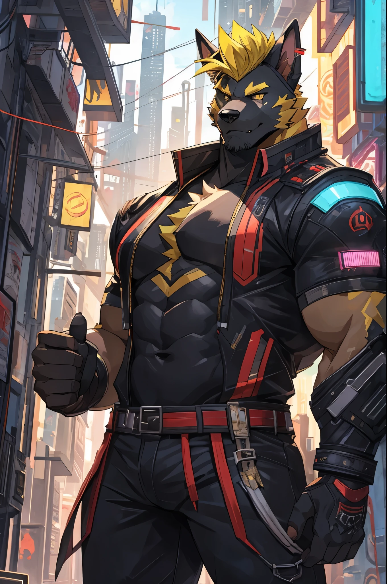 perfect face, bara furry, dog man, big body, black skin, short quiff yellow hair, yellow eyes, perfect eyes, big dog ears, handsome, cyberpunk, in city street