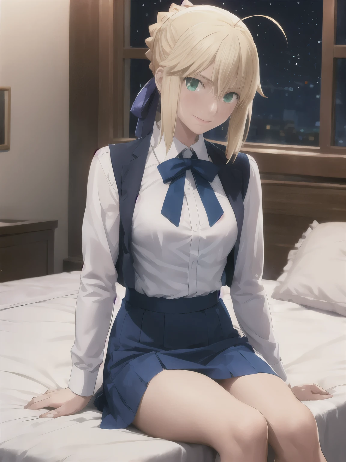 (masterpiece:1.4), (best quality:1.4), realistic, 1girl, artoria pendragon \(fate\), fair skin, large breast, night time, little ahoge, green eyes, white shirt, blue vest, blue skirt, happy, blush, little smile, sit on bed, in the bedroom, face focus, from the side, looking at viewer, good pose, night time