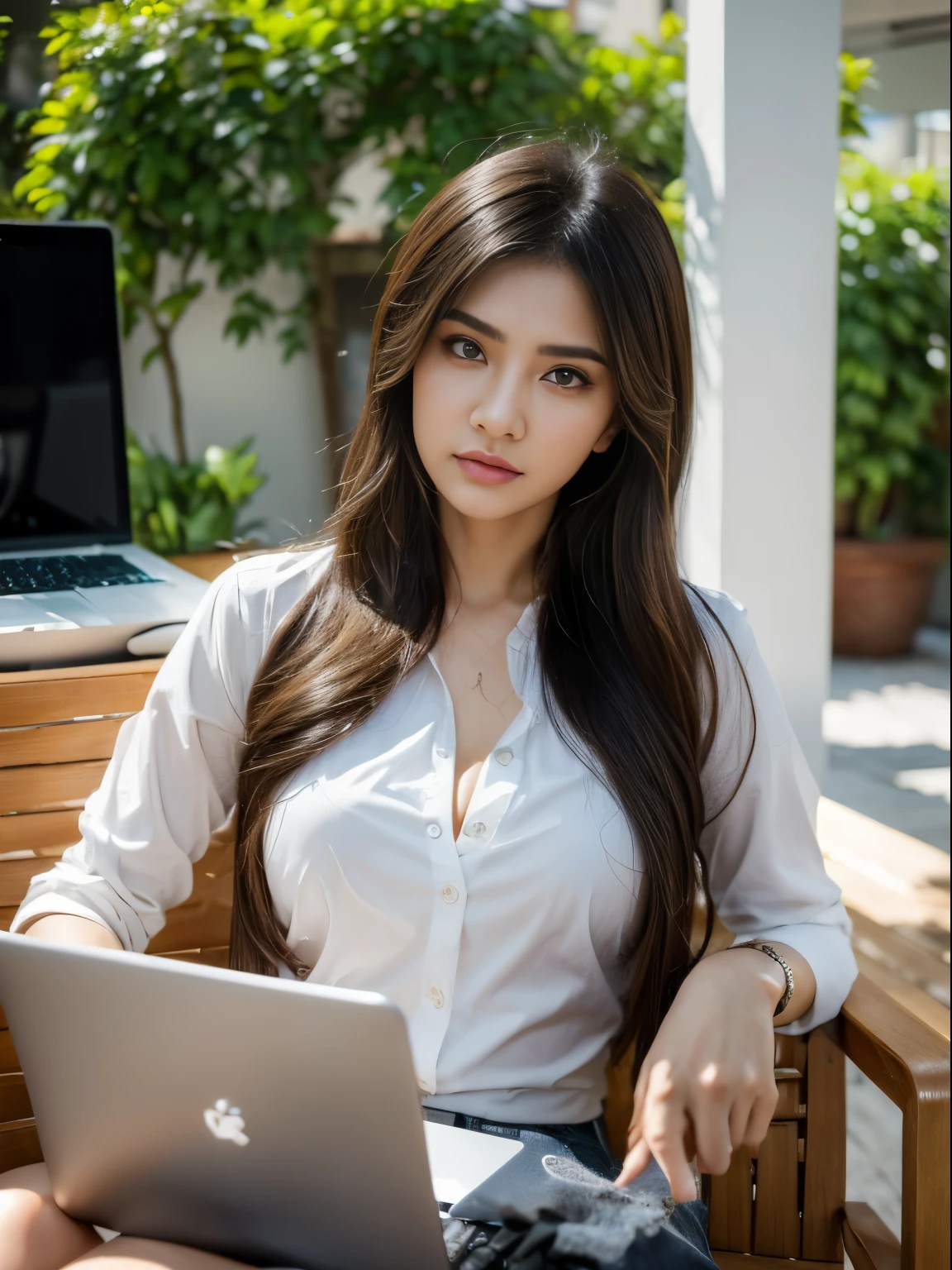 (8k, highest quality, ultra detailed:1.37), (Ecce), 18yo, (a stylish young Turkish woman), sit down in chair and focus with laptop, wearing long safari  , paired with fashionable accessories. medum breast, The high-resolution image captures ultra-detailed realism, highlighting Ecce's captivating eyes, long eyelashes, and flawless complexion. The vibrant wrokspace , creating a visually striking representation of modern office style. angry face