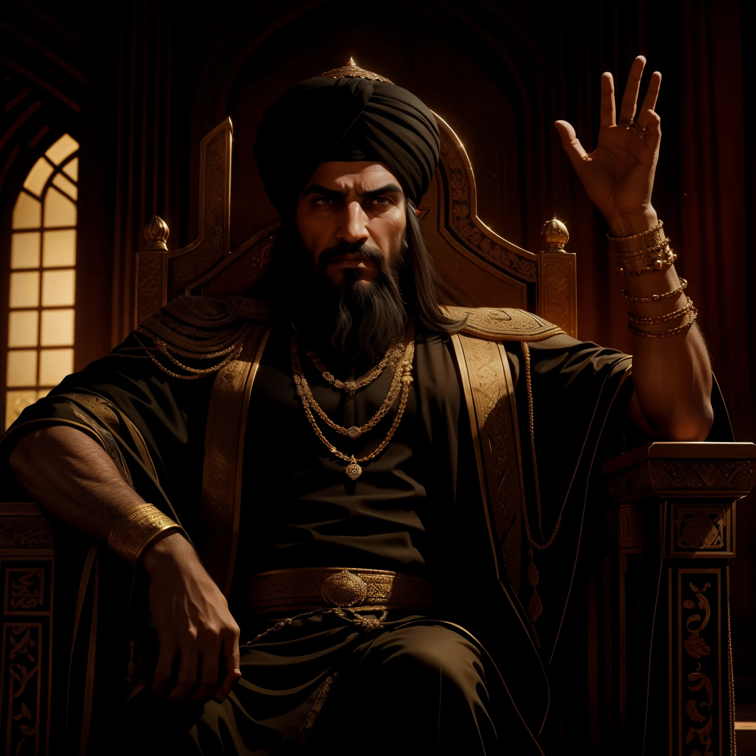 4k, unreal engine, close up of a persian king sitting on his throne and giving order by raising hands high forward, wearing black color turban on his head, bright day light , day time and great persian hall in the backgroung