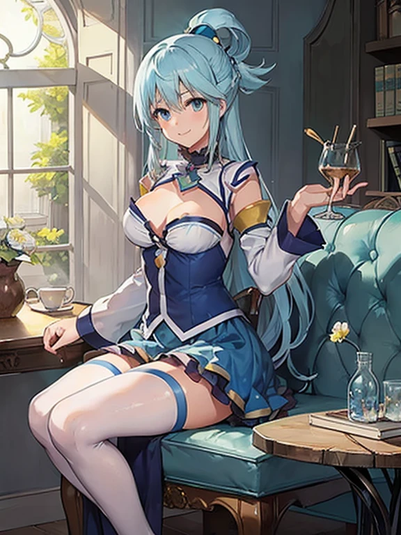 Aqua , KonoSuba, Hair Flowers, Blue clothes, Grey Eyes, Light blue hair,big breasts, sexy,Browsing Caution,
, 1 girl,Captivating smile,(1 girl in the photo:1.5),(alone:1.5),(Long Blue Hair:1.1), Beautiful Blue Eyes, (European style long dress:1.1), Long sleeve,White legwear,White high heels
, potted planet,Flowers, window,door,butterfly,wood,table,Chair,sofa,Book,tea, coffee,bottle,
, Speckled sunlight,Ray Tracing,Dynamic Angle, Dynamic pose, Chubby athletic body