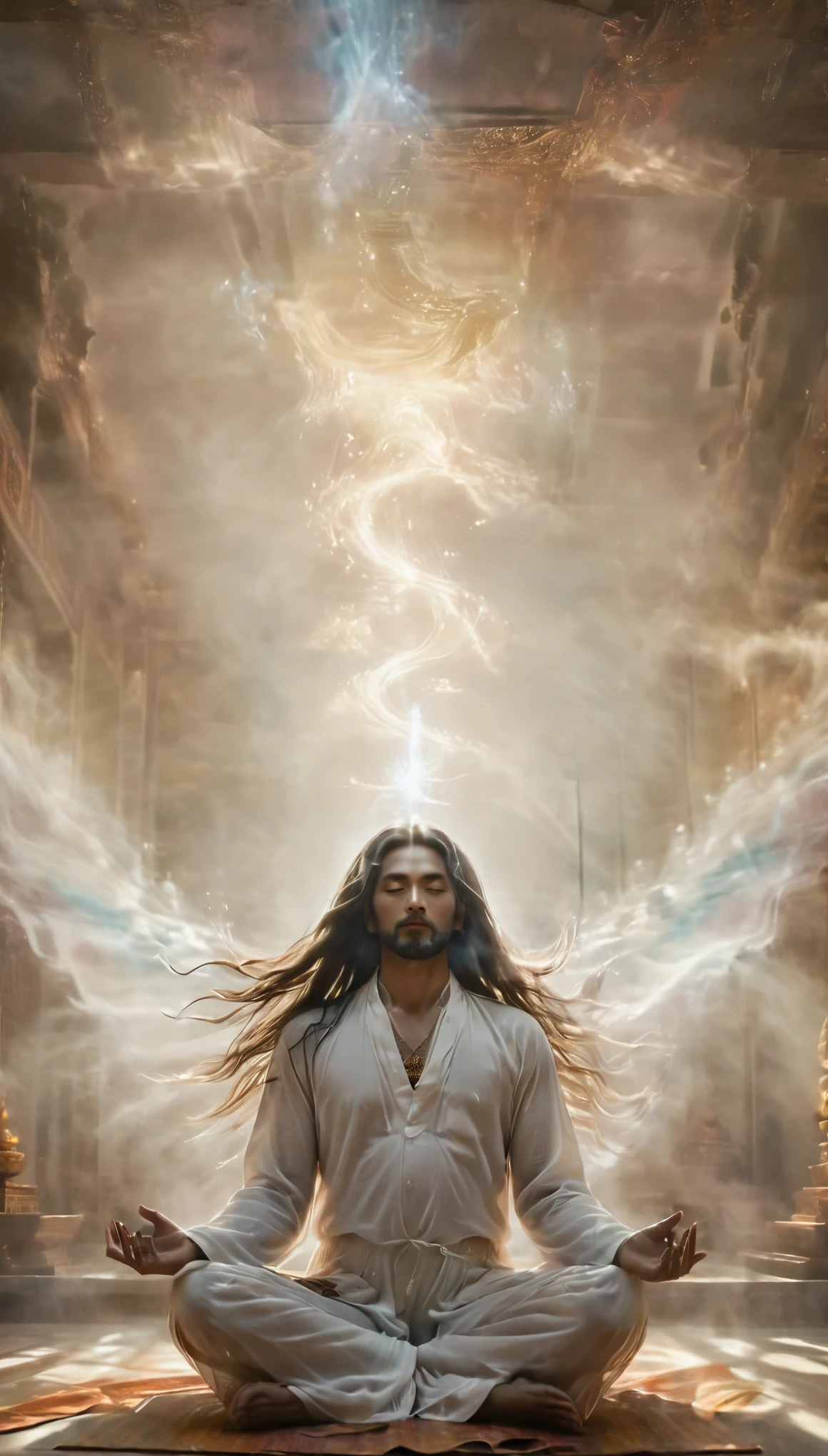 Photography of a man with long flowing hair engaged in a yoga pose, facing the sky where the majestic visage of God Shiva gazes down towards his devotee in a fantastical and otherworldly manner. The man's focused posture and spiritual connection contrast with the divine presence of Shiva, whose gaze conveys a sense of cosmic wisdom and benevolence. The surreal composition captures a moment of spiritual communion and transcendence, blending the earthly with the divine in a captivating portrayal of devotion and enlightenment,xianxia