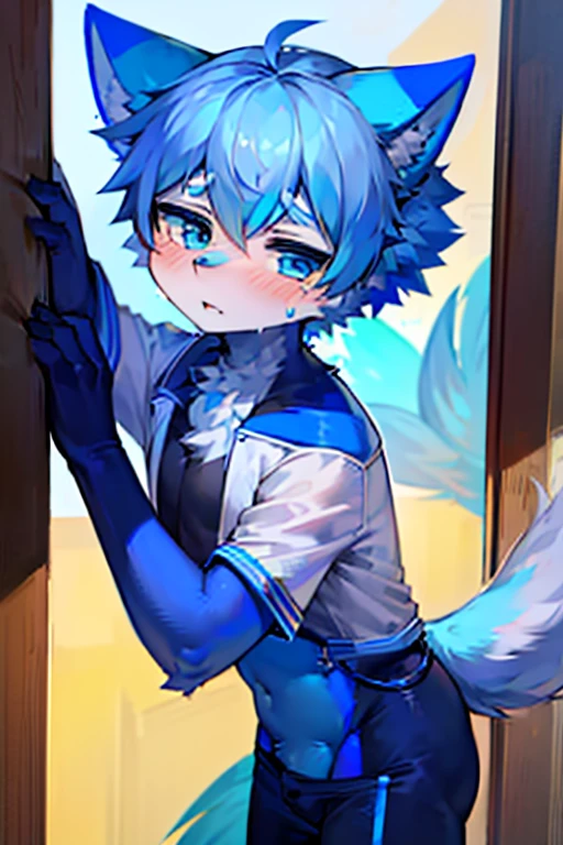 1 boy, Wolf,young people，Blue fur, young people, blue eyes, Messy hair, blue white hair, short hair, masterpiece，blush