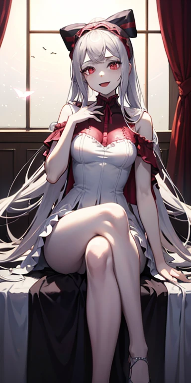 Break, One girl, vampire, sentada numa mesa de Crossed legs, Crossed legs, 青White skin, White skin, room, smile, Open your mouth, There are, Long dress, Cut the pupil, Frill dress, hair bow, Split Lighting, Particles of light, Very detailed, Absurd, masterpiece, Excellent anatomy