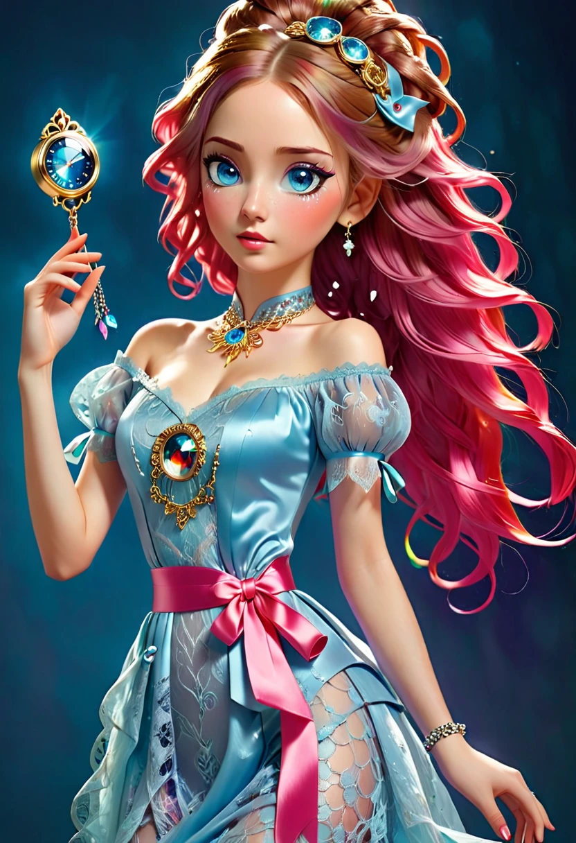A woman waving a light blue lace night dress. Under the night dress is gold threads around her and hips. with A pink satin off shoulder ribbons tied to her arms. Attached to ribbons are silver buckle, A silver chain. Attached to the sliver chain is blue diamond pendants. In her hair is sparkling crystal Pearl headcomb. Her lips is glossy with pink glitter. Around her ankle and wrist is black wrist bands with clock clogs Attached to the waist bands. ((The Woman has rainbow colored eyes)) red-brownish hair braided back. Long stands of hair falling over her eyes