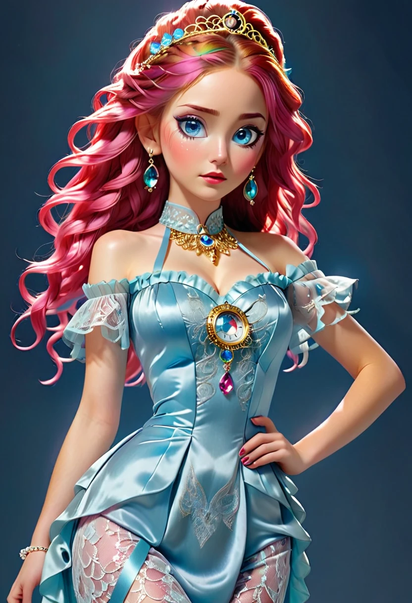 A woman waving a light blue lace night dress. Under the night dress is gold threads around her and hips. with A pink satin off shoulder ribbons tied to her arms. Attached to ribbons are silver buckle, A silver chain. Attached to the sliver chain is blue diamond pendants. In her hair is sparkling crystal Pearl headcomb. Her lips is glossy with pink glitter. Around her ankle and wrist is black wrist bands with clock clogs Attached to the waist bands. ((The Woman has rainbow colored eyes)) red-brownish hair braided back. Long stands of hair falling over her eyes