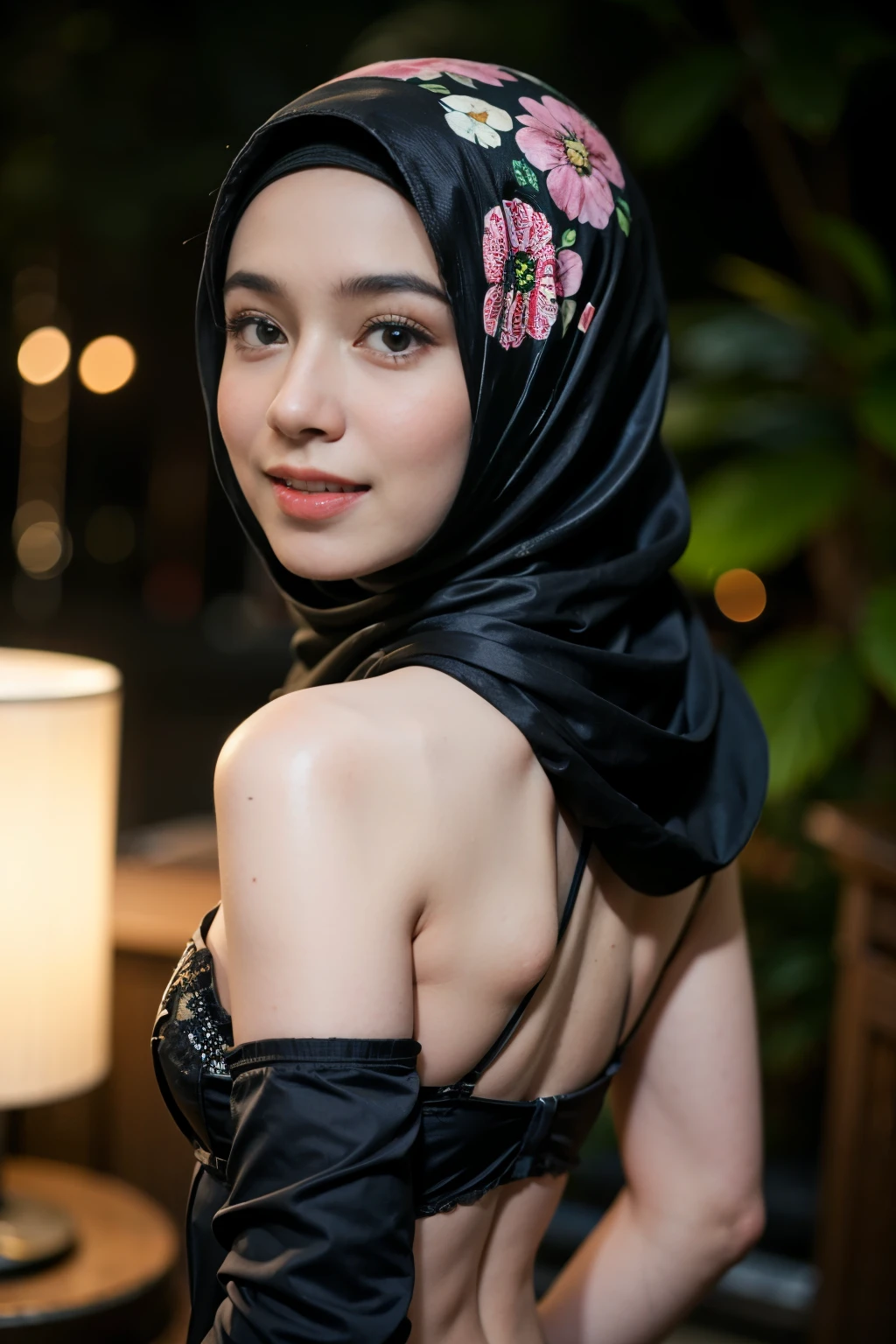 (Happy smile), (((HIJAB MALAY GIRL))), masutepiece, High quality, UHD 32K, Realistic face, Realistic skin feeling , A Japanese Lady, 8 years old, , Very cute and baby-like face, (((FLAT CHEST))), (Night time at forest), ((look In front  at the camera and SADNESS)), ((())), (((CUTE GIRL))), ((RED LIPS)), ((Floral Pattern)) little wearing strapless bra, strapless colorful bra, dark night horror scary place (from behind up) seductive pose