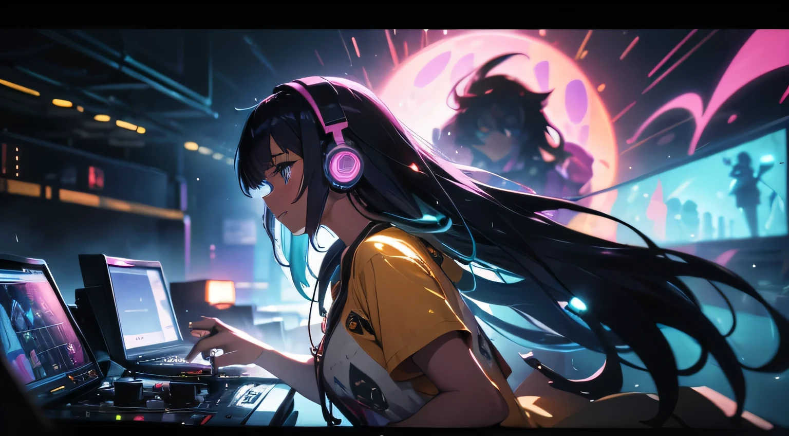 A YouTube channel banner for a lo-fi music channel featuring melancholic attractive anime African-American girl, age 21, headphones, happy psychedelic mood, euphoric mood, really long wild bright vibrant punk hair with really long bangs in face, profile view, very detailed, DJ, light bubbles in air, sparks in air, LED string lights, wild moving dancing to music, ample build, massive vacuum tubes emitting massive colorful light, warm cozy, records, cassette tapes, happy psychedelic mood, euphoric mood, full colors, very high contrast, realistic anime style, digital oil painting, unreal engine 5, high octane render