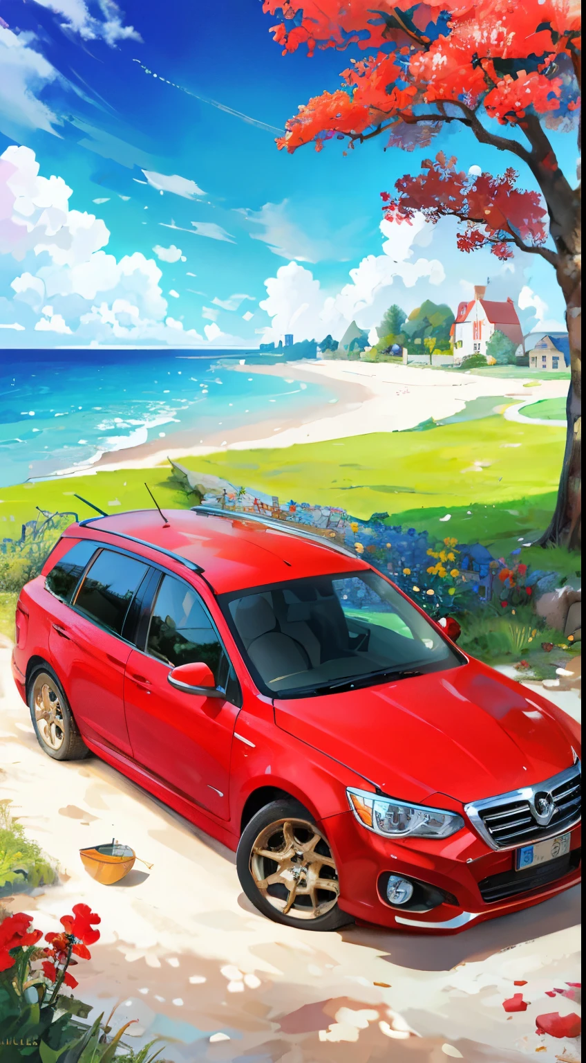 Masterpiece, 8k, ultra HD. very beautiful nature, Sumer, Red car,beach, stone road,grass, (wooden boat), ((house))