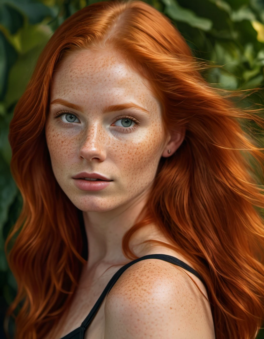 Super realistic image, high quality uhd 8K, of 1 girl,  detailed realistic, redhead, long ginger hair, highly detailed realistic skin, (((face and shoulder portrait))), real and vivid colors ultrarealistic